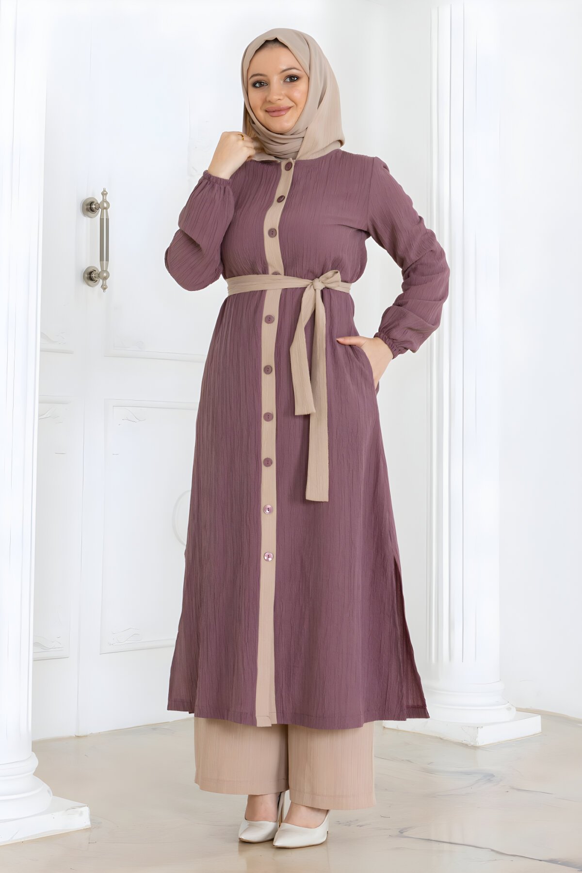 Gül Kurusu İkili Kapüşonlu Düğmeli Tesettür Takım - Modamihram