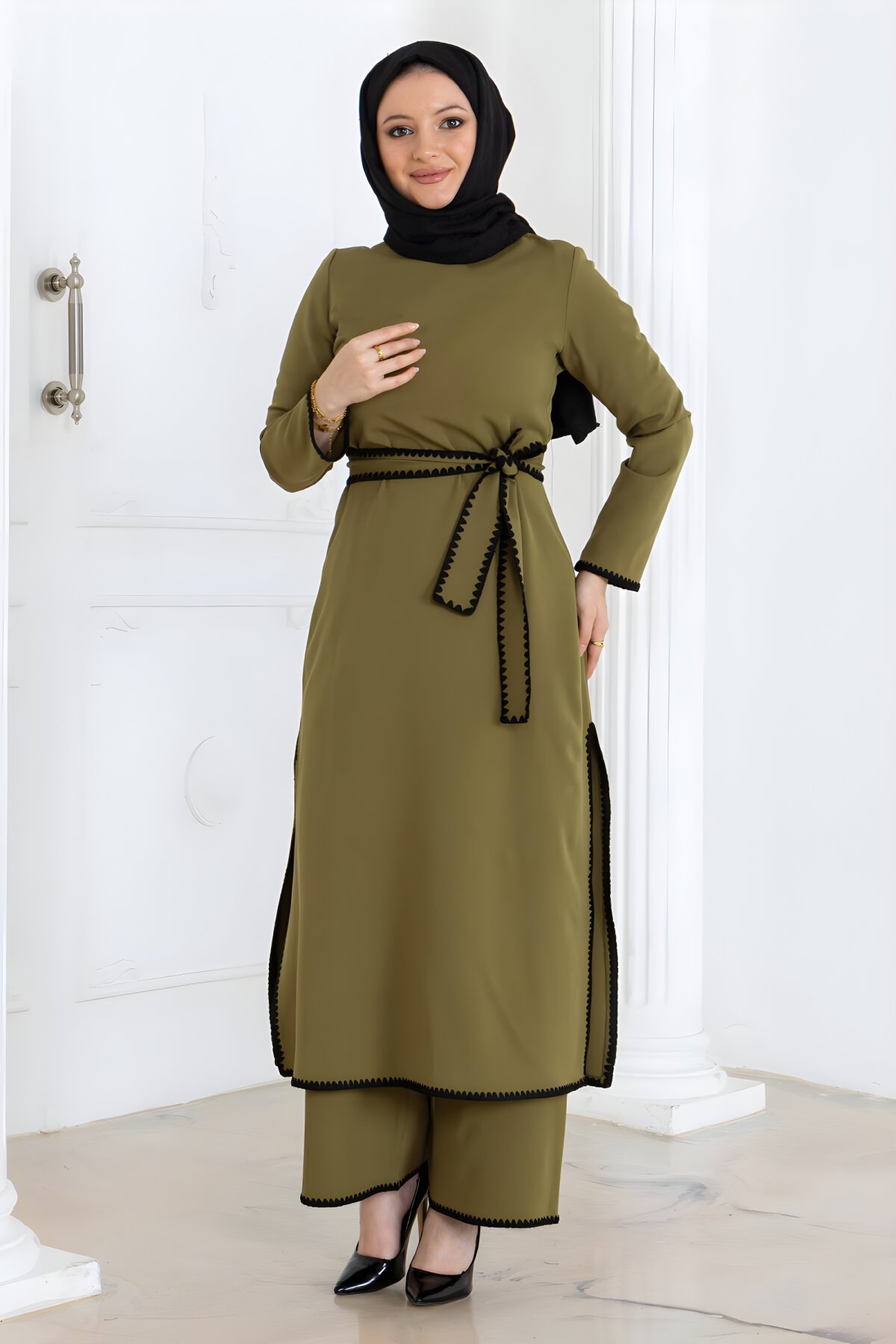 Haki İkili Kemerli Çoban Dikişli Tesettür Takım - Modamihram