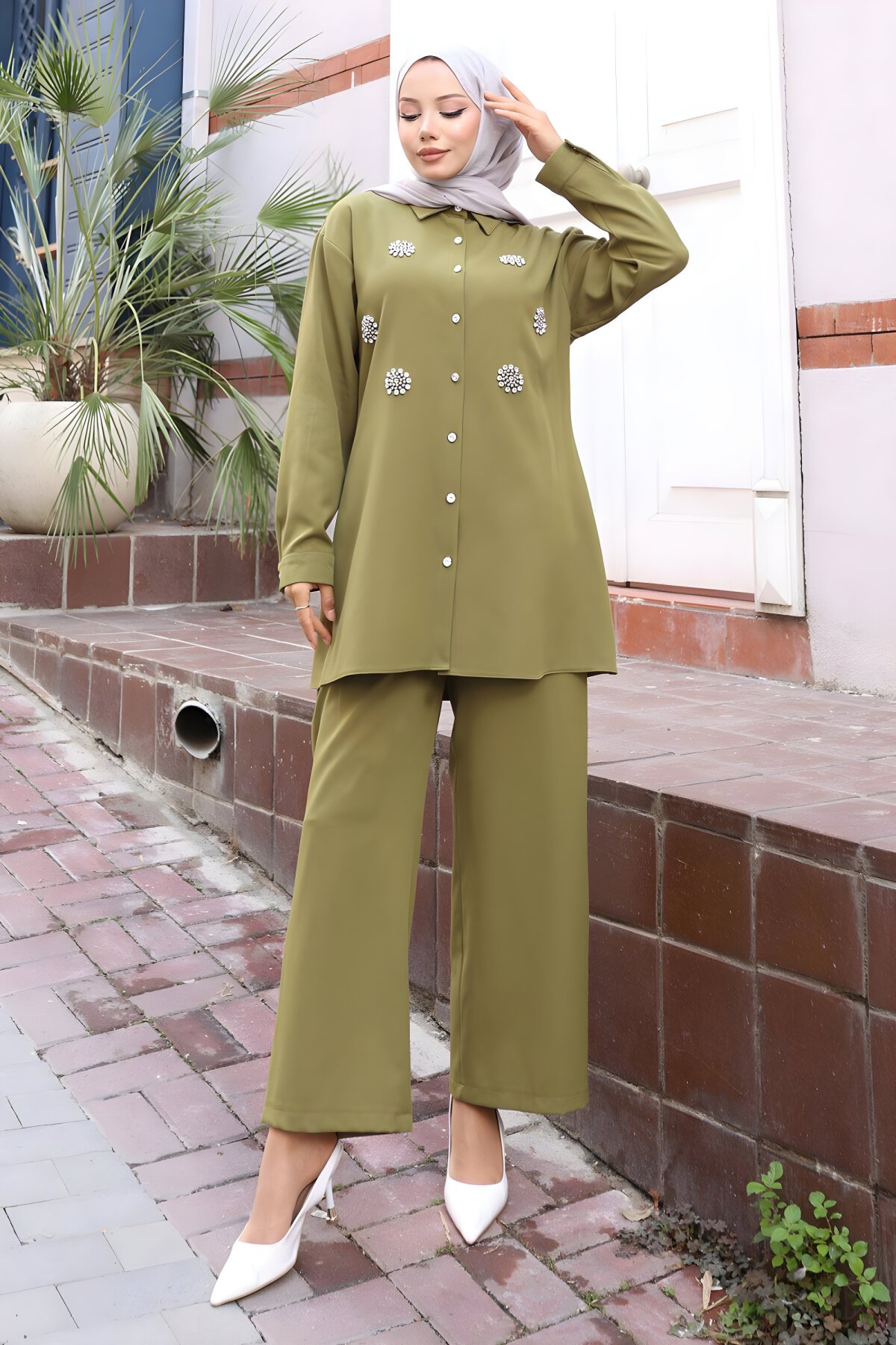 Two-Piece Sparkle Stone Detailed Modest Set - Khaki - Modamihram