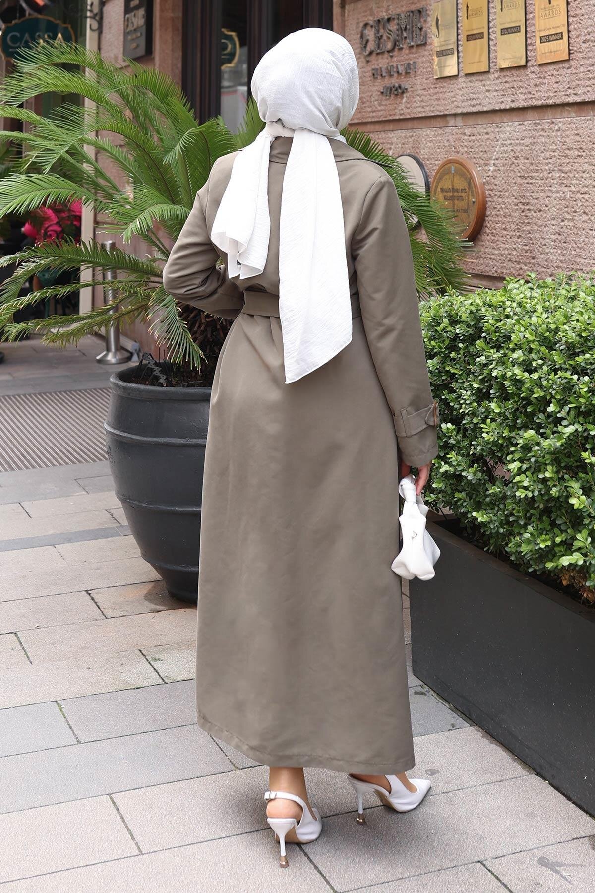 Modest Buttoned Belt-Detail Trench Coat - Khaki - Modamihram