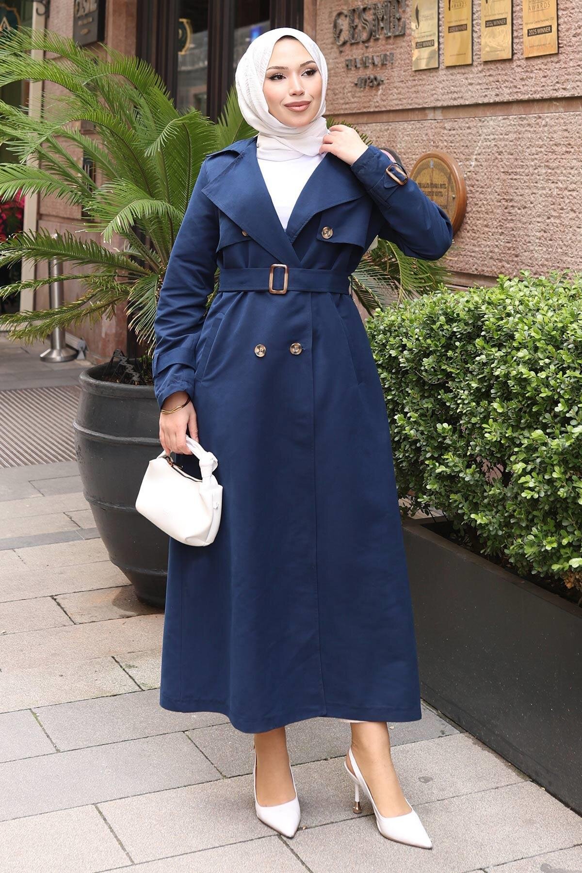 Buttoned Belt-Detail Modest Trench Coat - Indigo - Modamihram