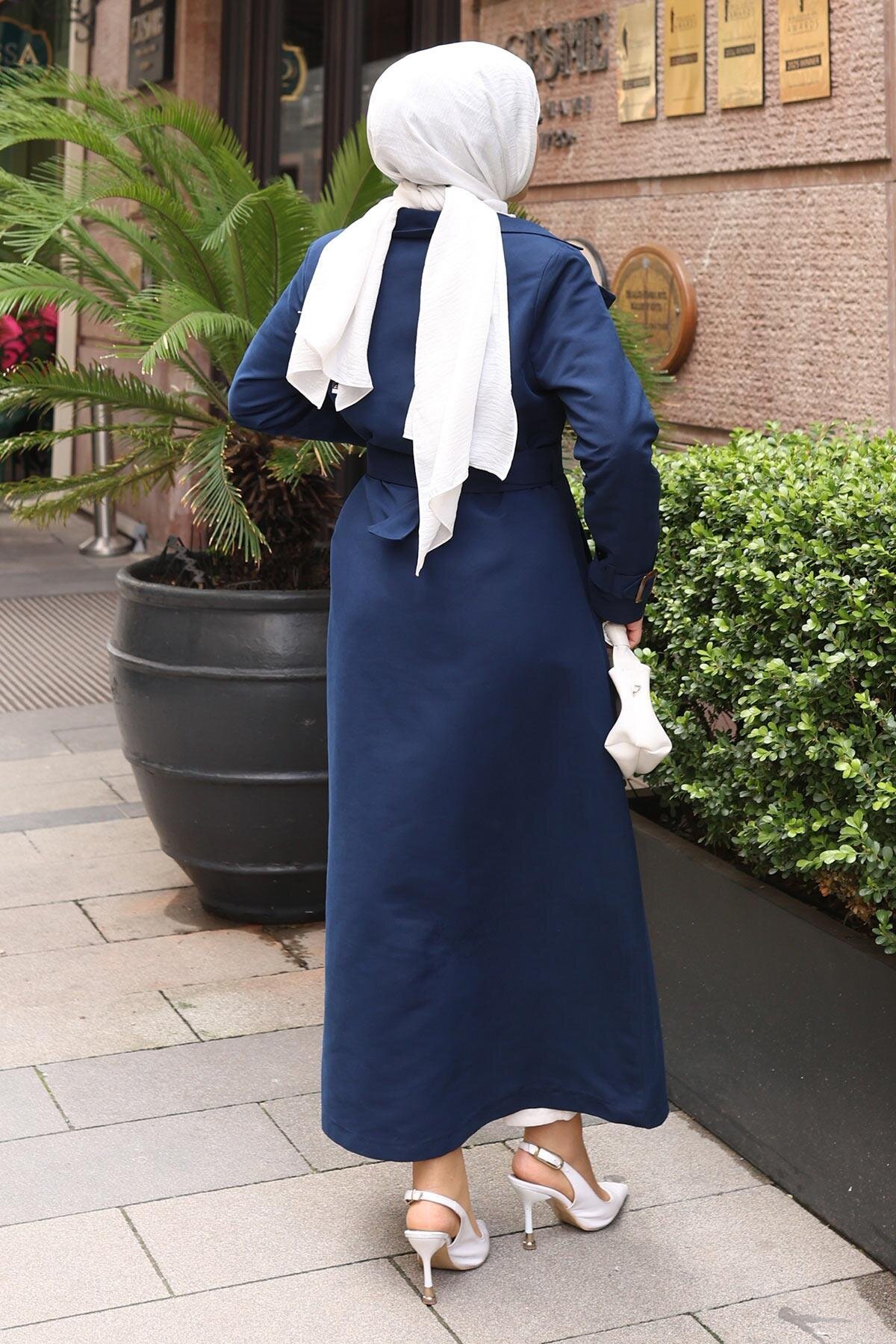 Buttoned Belt-Detail Modest Trench Coat - Indigo - Modamihram