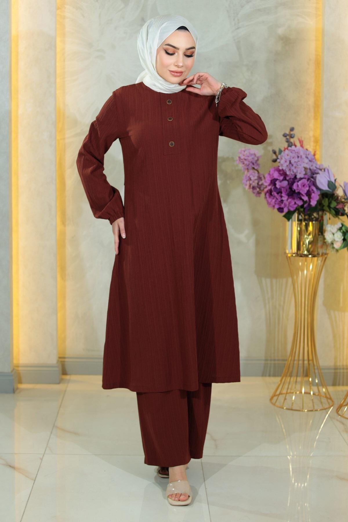 Double-Buttoned Set - Brown - Modamihram