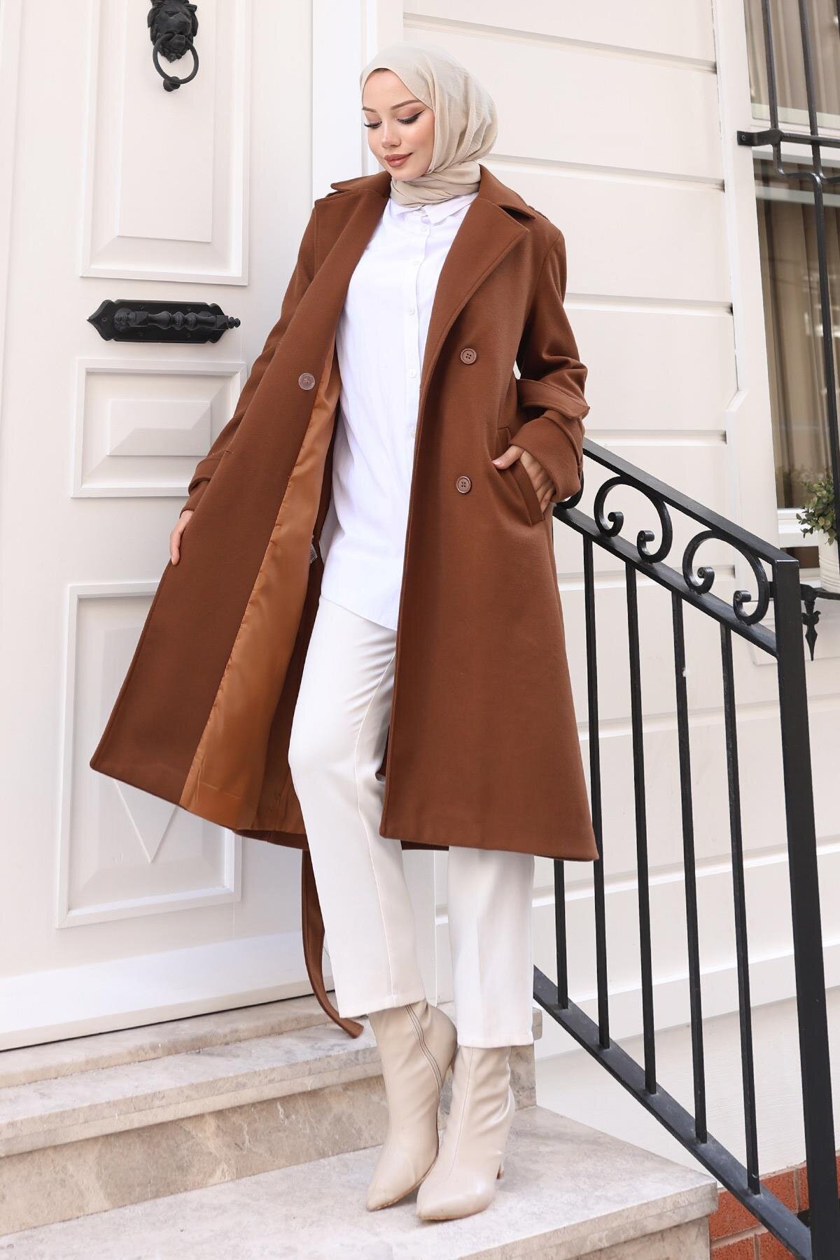 Melton Belted Coat - Brown - Modamihram