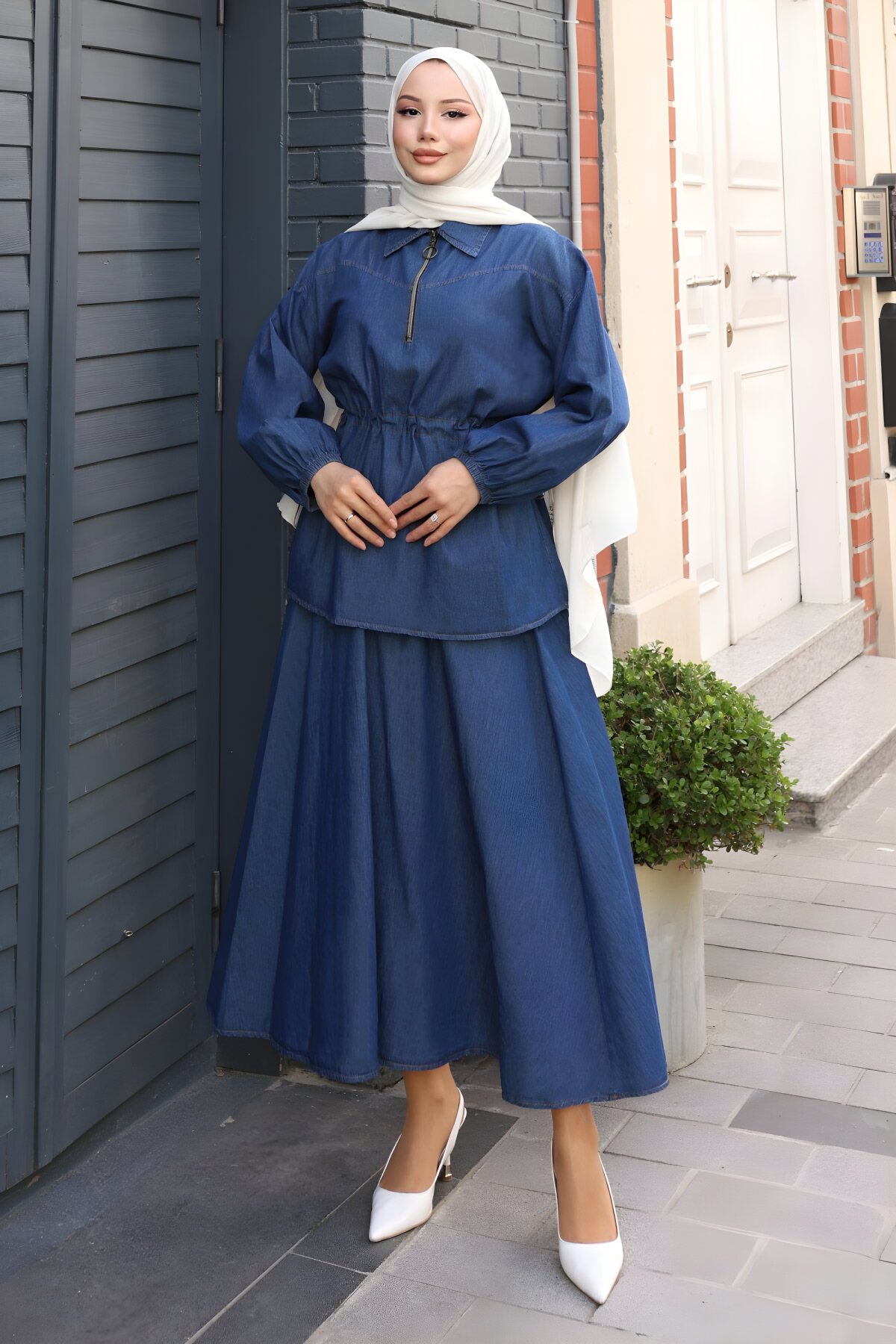 Koyu Mavi Kot Etekli İkili Beli Bağcık Detaylı Tesettür Takım - Modamihram