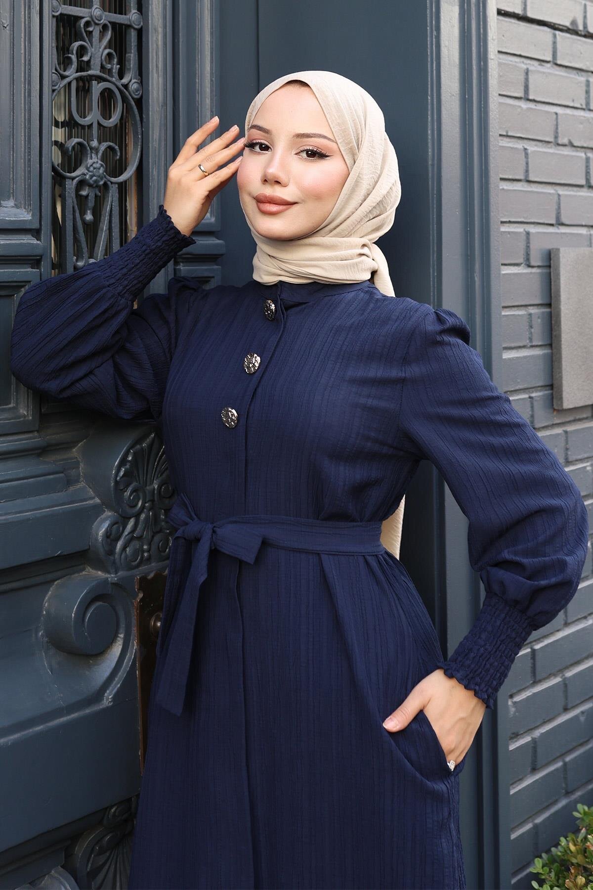 Modest Double-Button Belted Two-Piece Set - Navy Blue - Modamihram