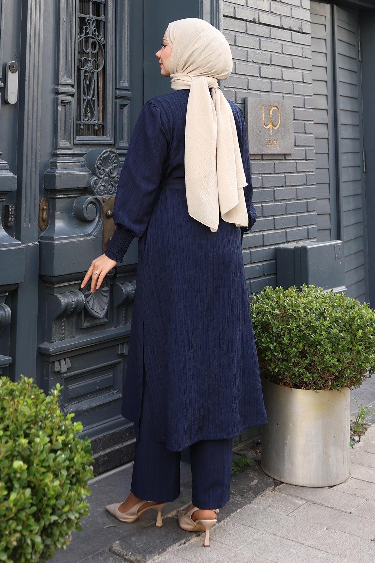 Modest Double-Button Belted Two-Piece Set - Navy Blue - Modamihram