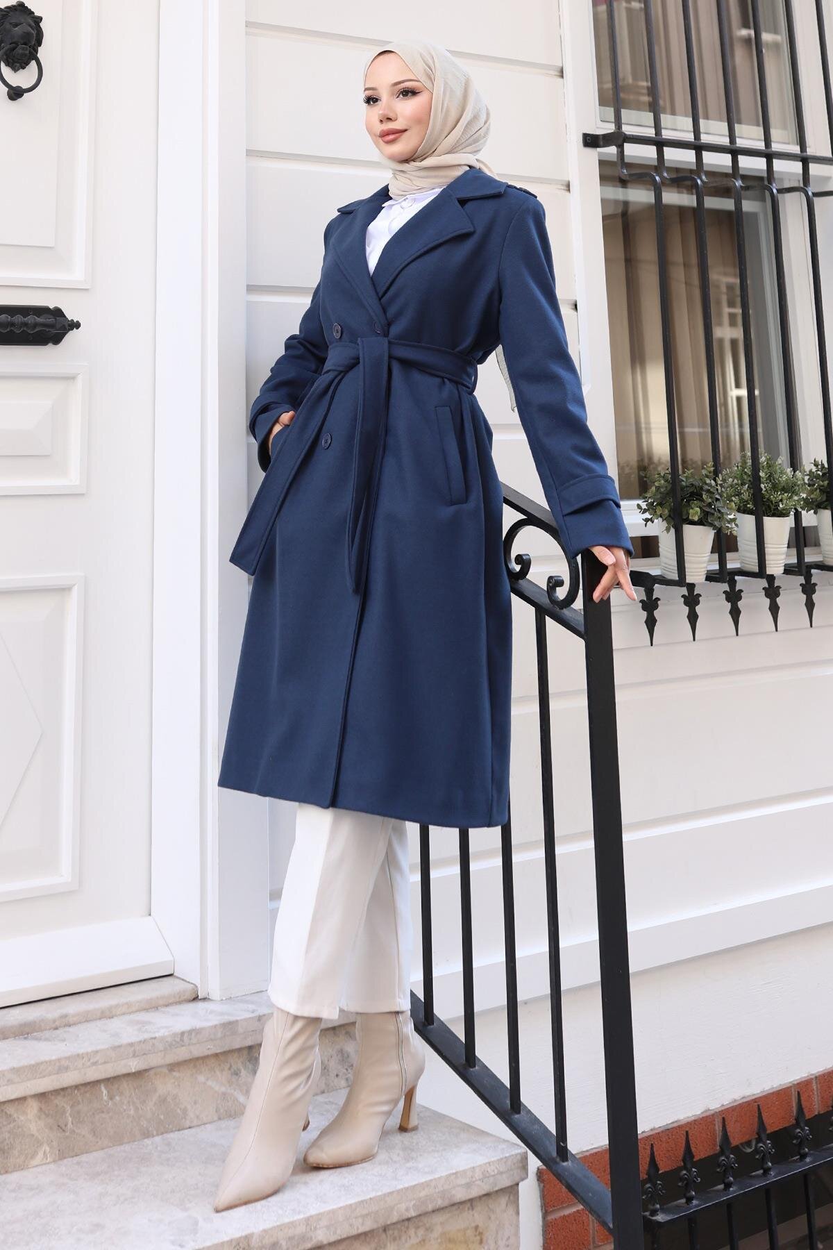 Melton Belted Coat - Navy Blue - Modamihram