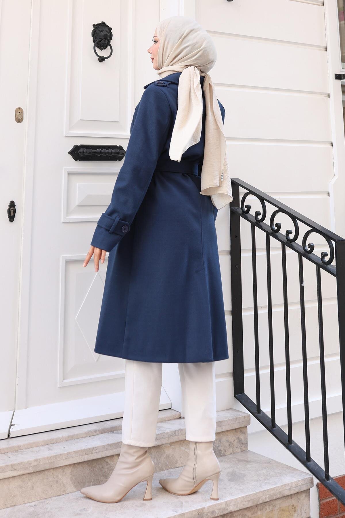Melton Belted Coat - Navy Blue - Modamihram