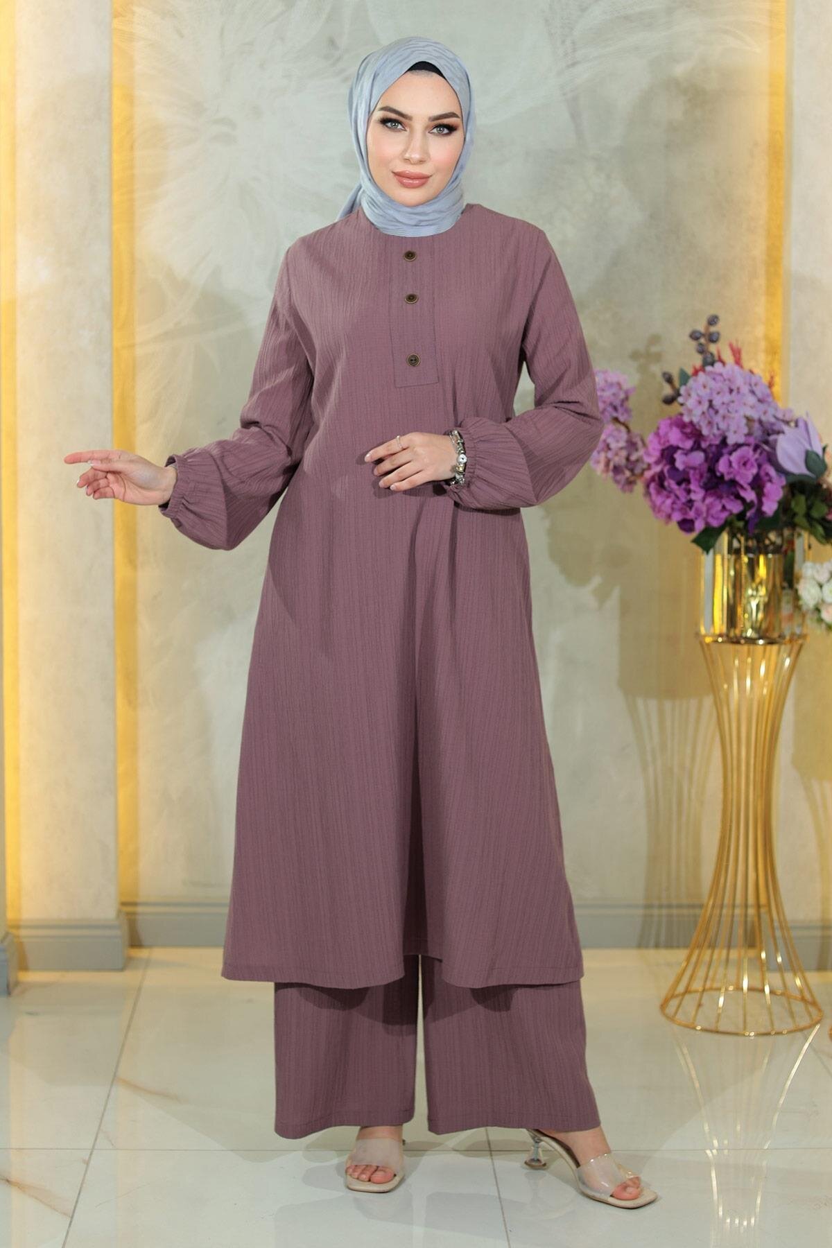 Two-Buttoned Two-Piece Set - Lilac - Modamihram