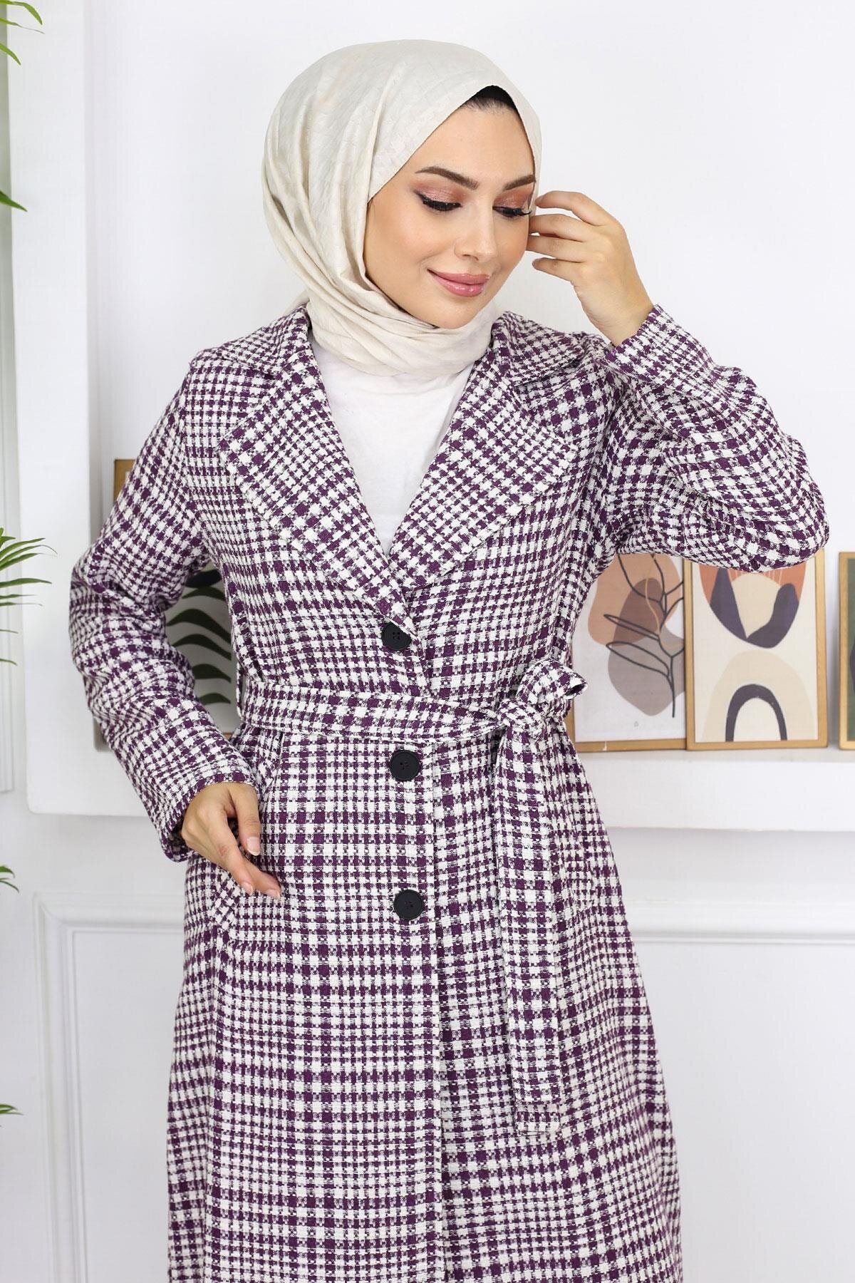 Plaid Chanel-Style Cashmere-Blend Coat - Plum - Modamihram