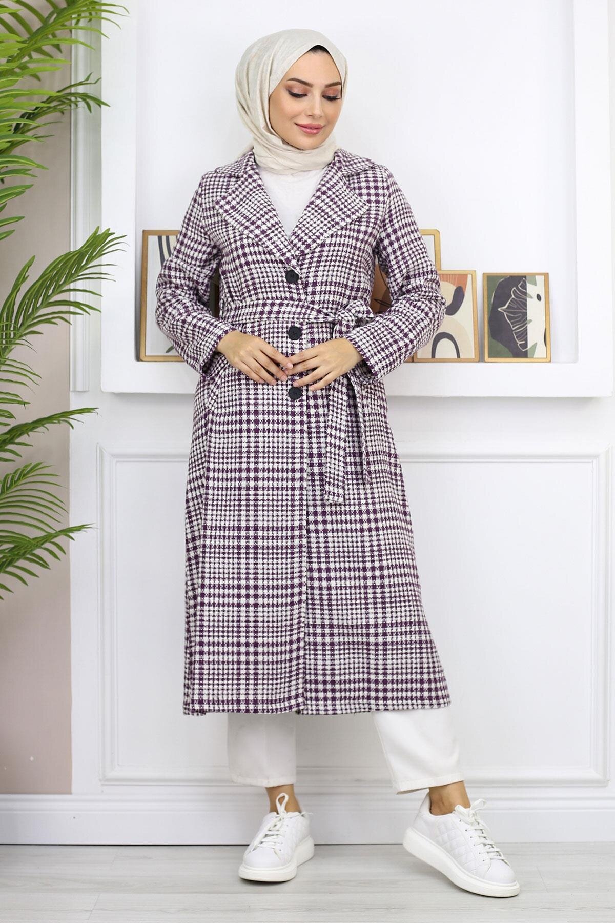 Plaid Chanel-Style Cashmere-Blend Coat - Plum - Modamihram