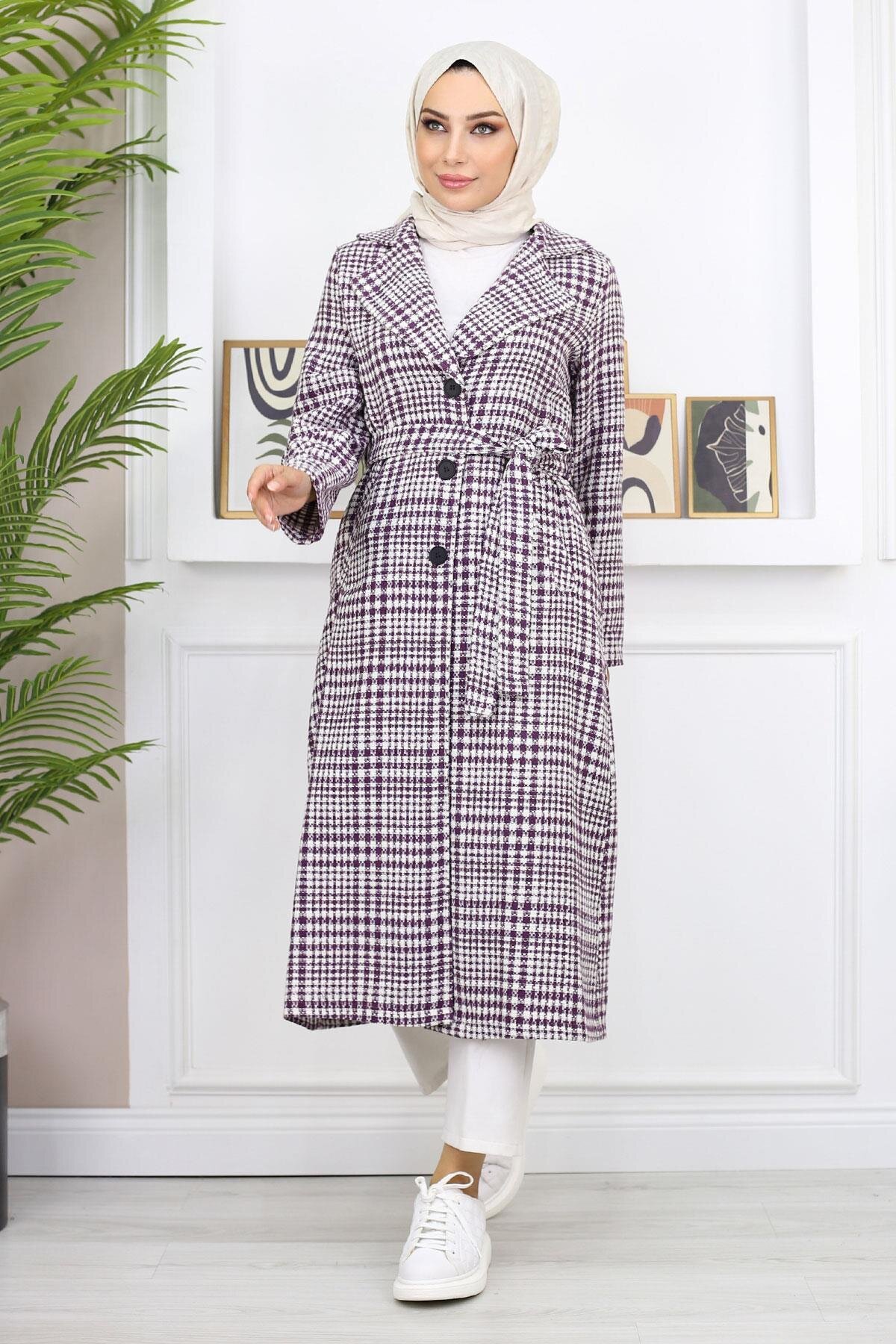 Plaid Chanel-Style Cashmere-Blend Coat - Plum - Modamihram