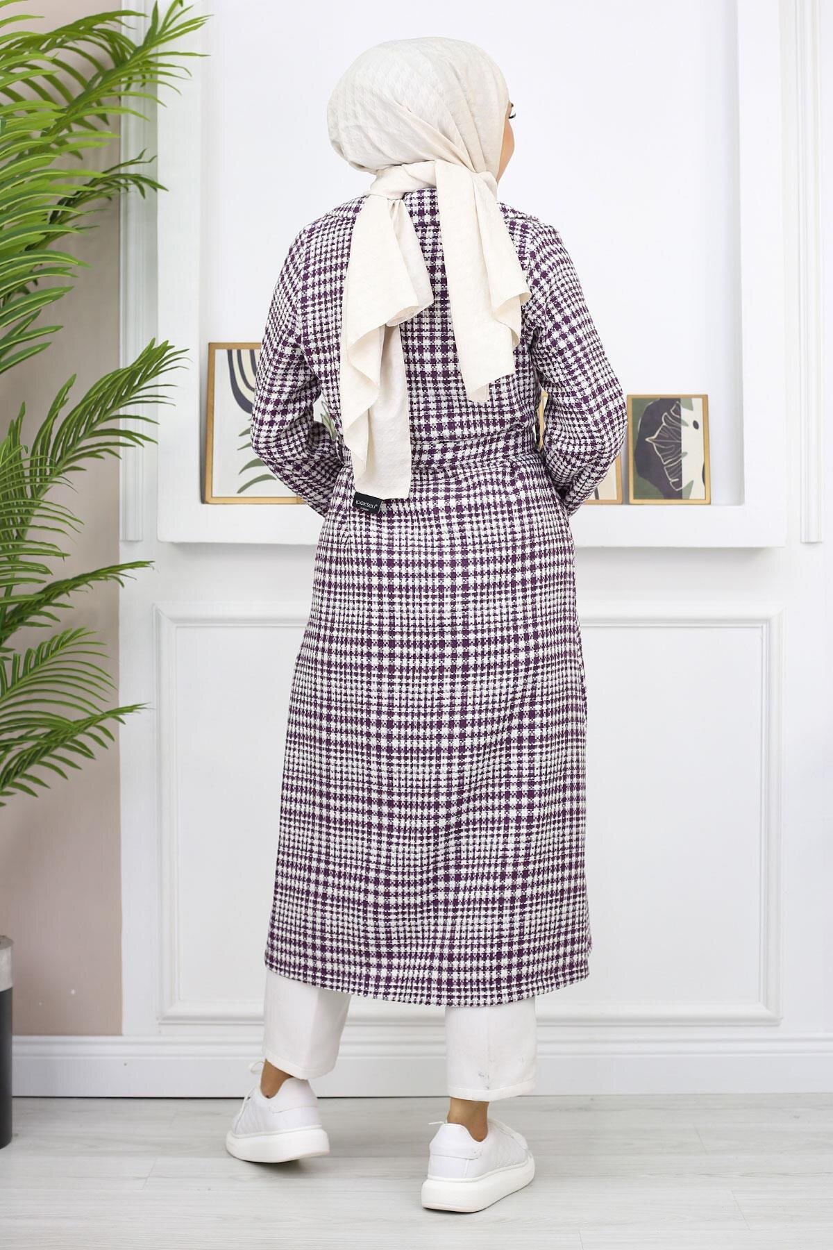 Plaid Chanel-Style Cashmere-Blend Coat - Plum - Modamihram