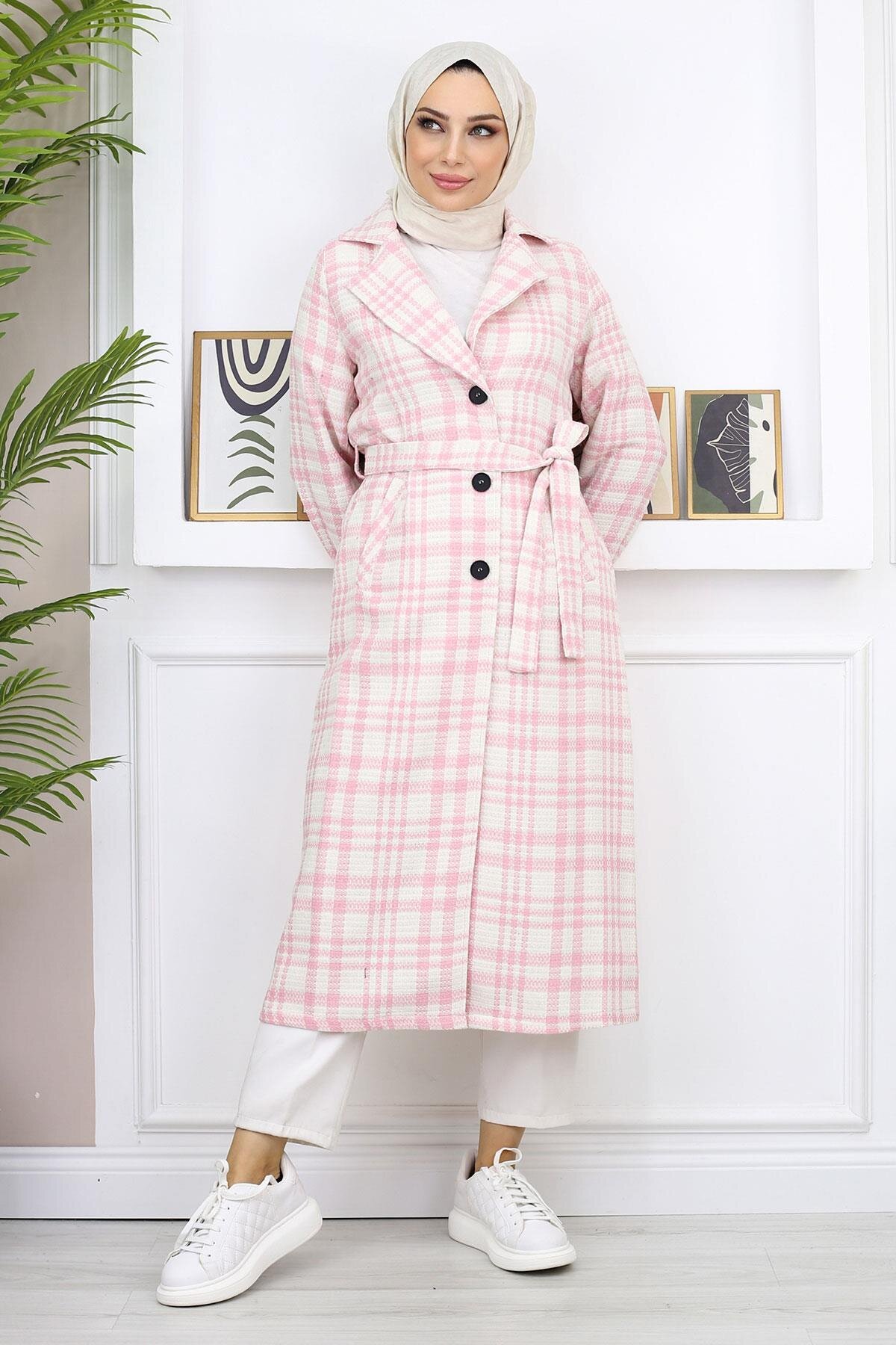 Checked Chanel-Style Tweed Coat - Pink - Modamihram