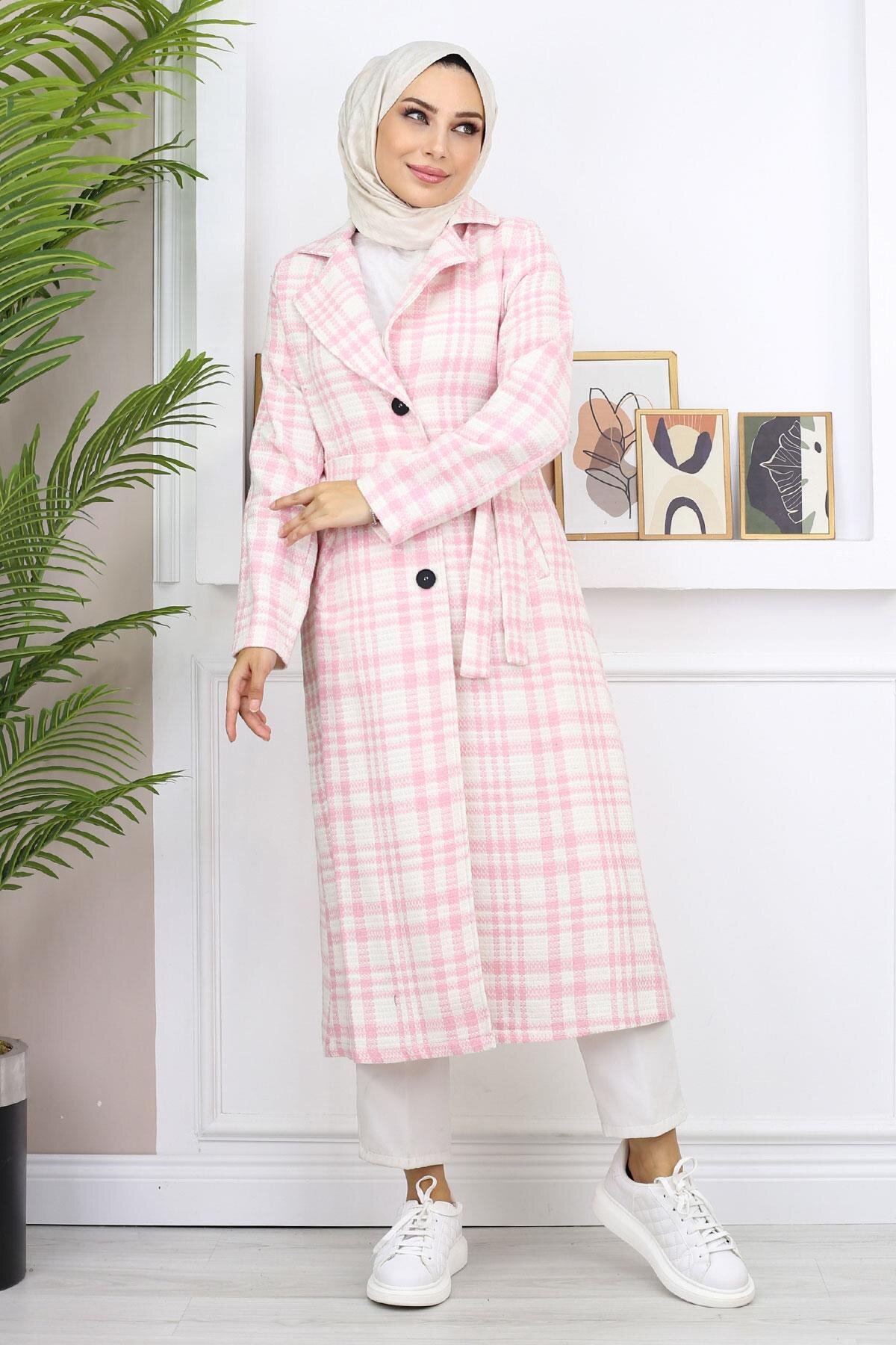 Checked Chanel-Style Tweed Coat - Pink - Modamihram