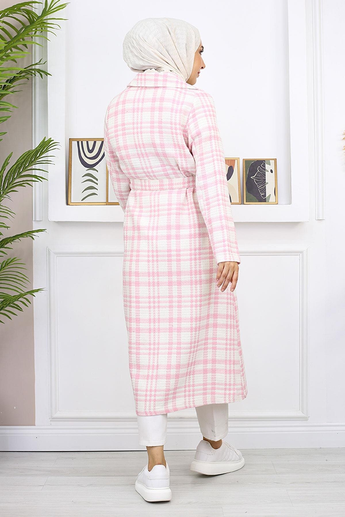 Checked Chanel-Style Tweed Coat - Pink - Modamihram
