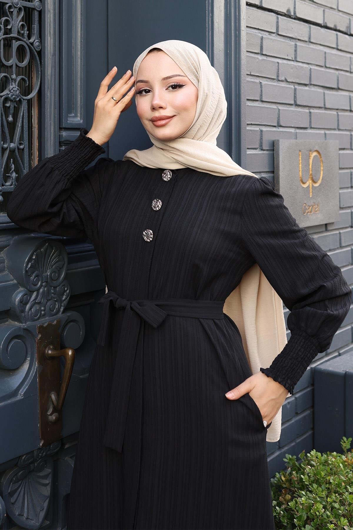 Modest Belted Double-Button Detail Set - Black - Modamihram