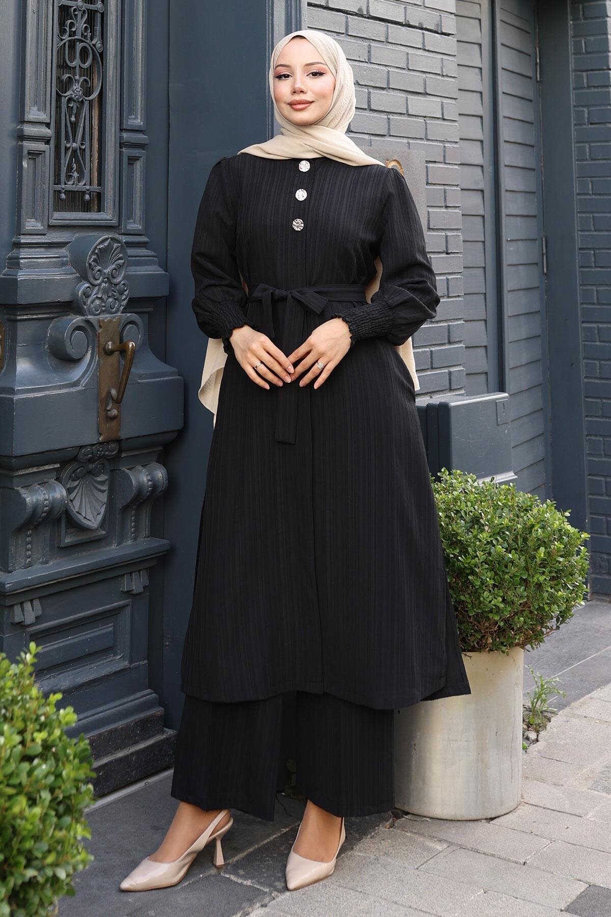 Modest Belted Double-Button Detail Set - Black - Modamihram