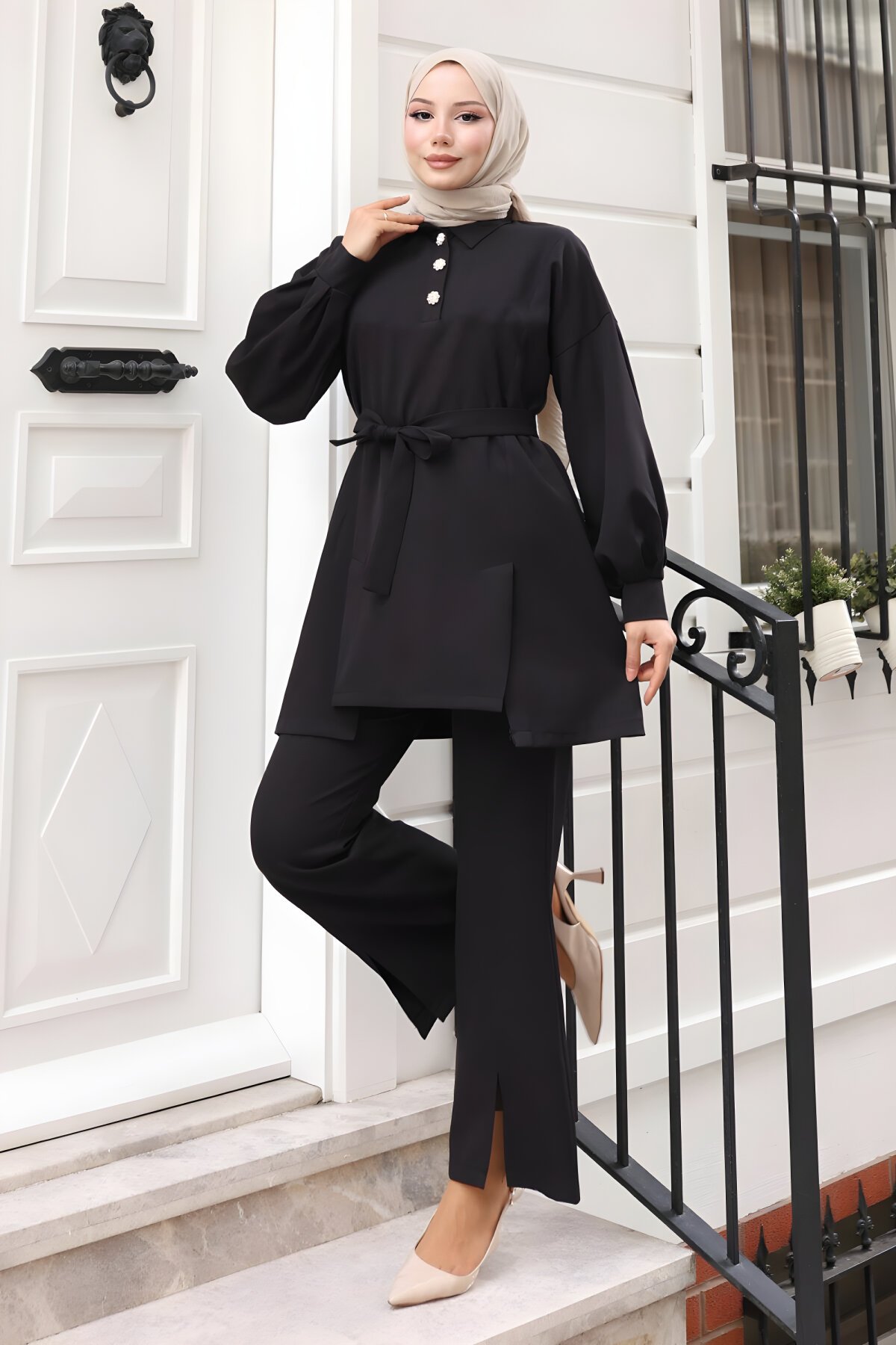 Siyah İkili Tesettür Yırtmaçlı Takım - Modamihram