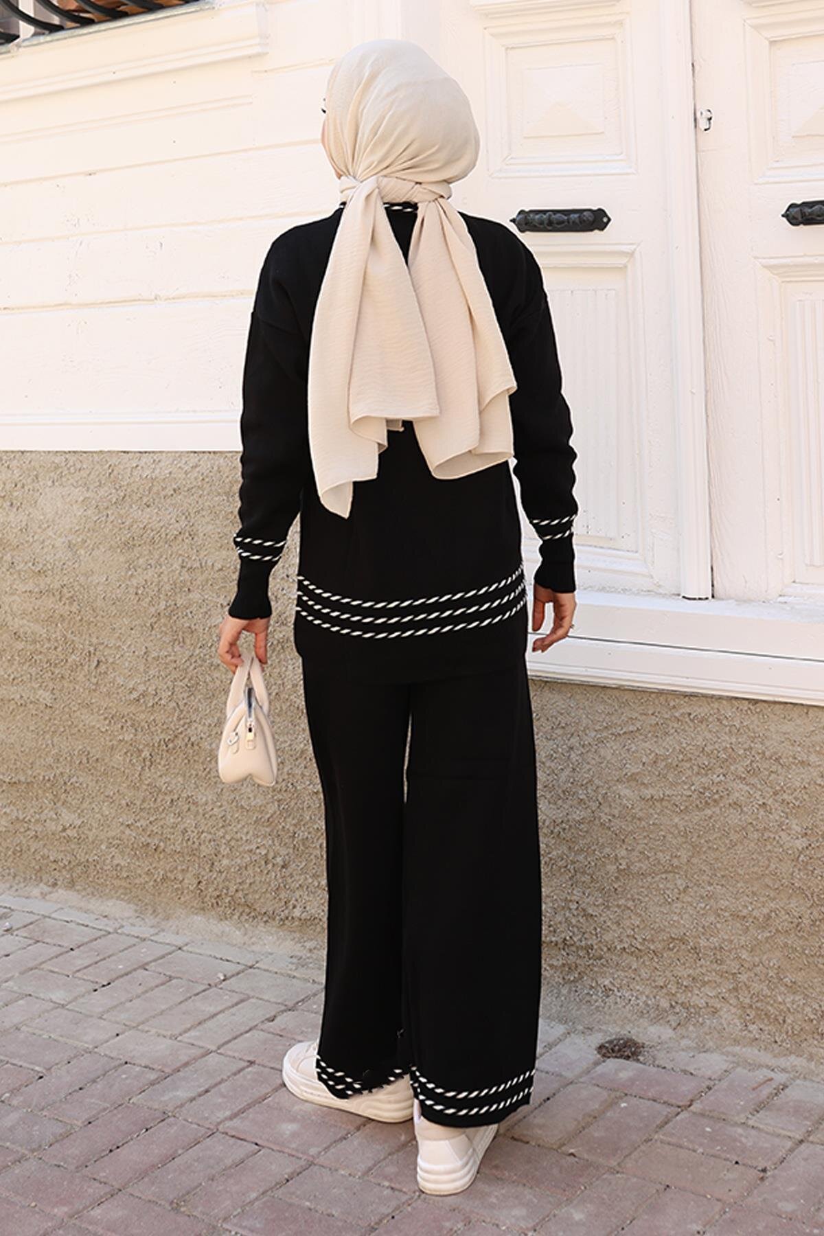 Two-Piece Knit Stripe-Detail Modest Set - Black - Modamihram