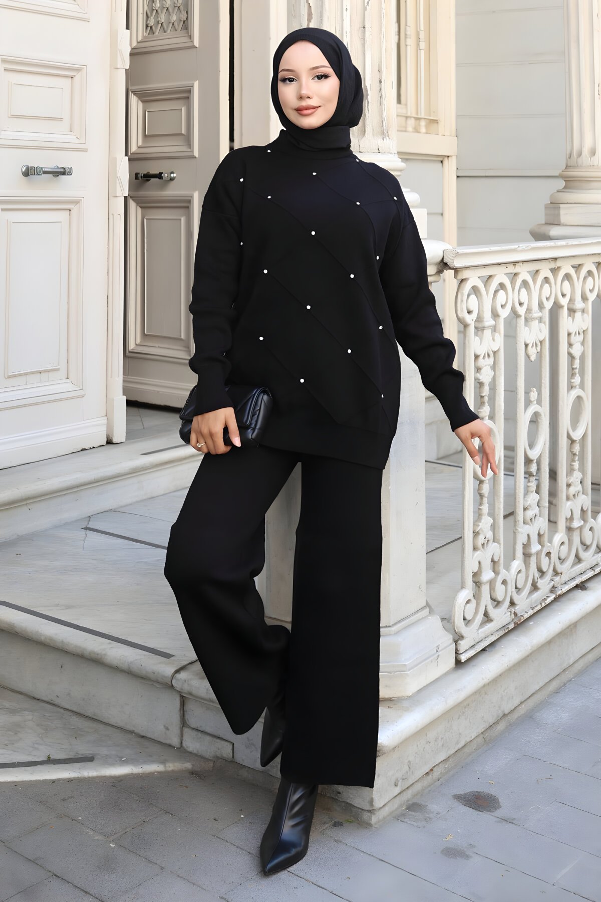 Siyah Triko İkili Taş Detaylı Tesettür Takım - Modamihram