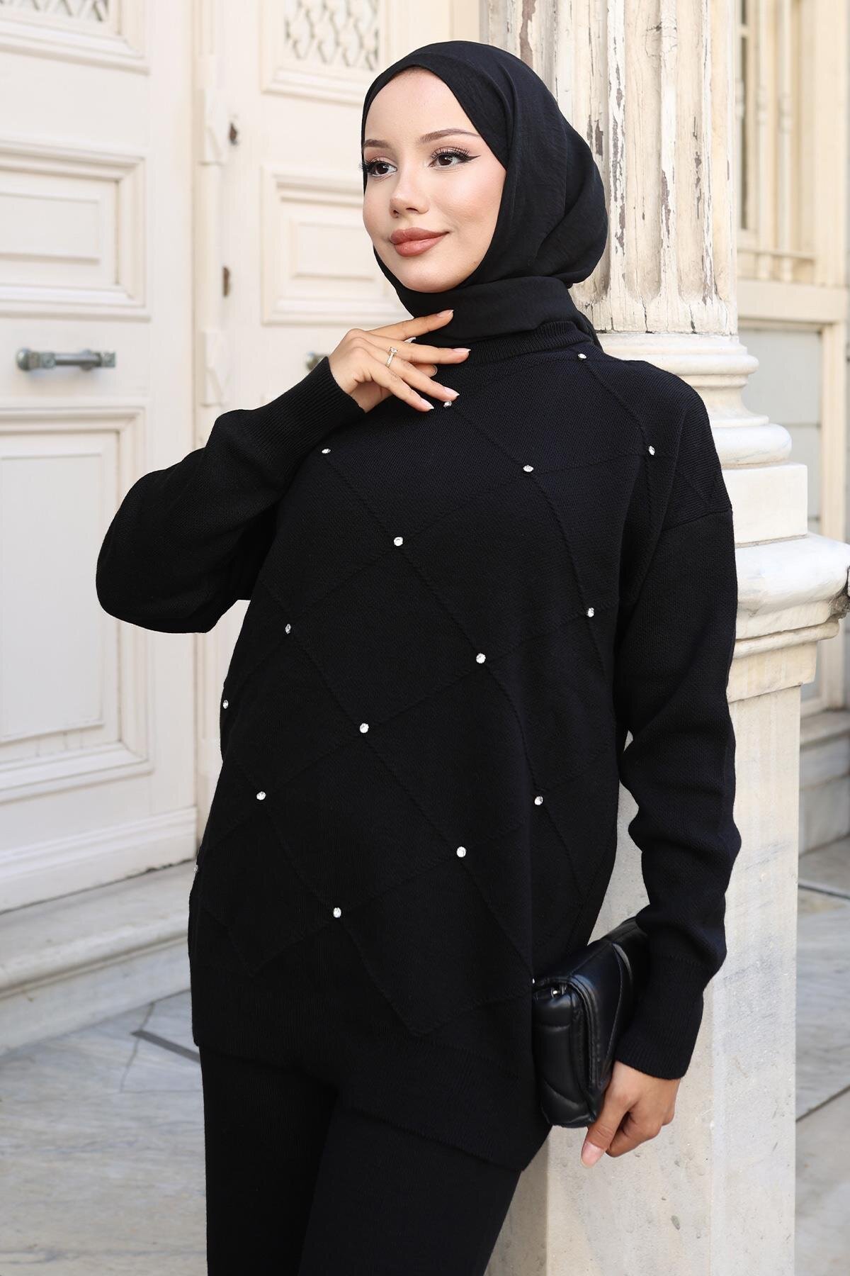 Two-piece Knitted Stone Detailed Modest Set - Black - Modamihram