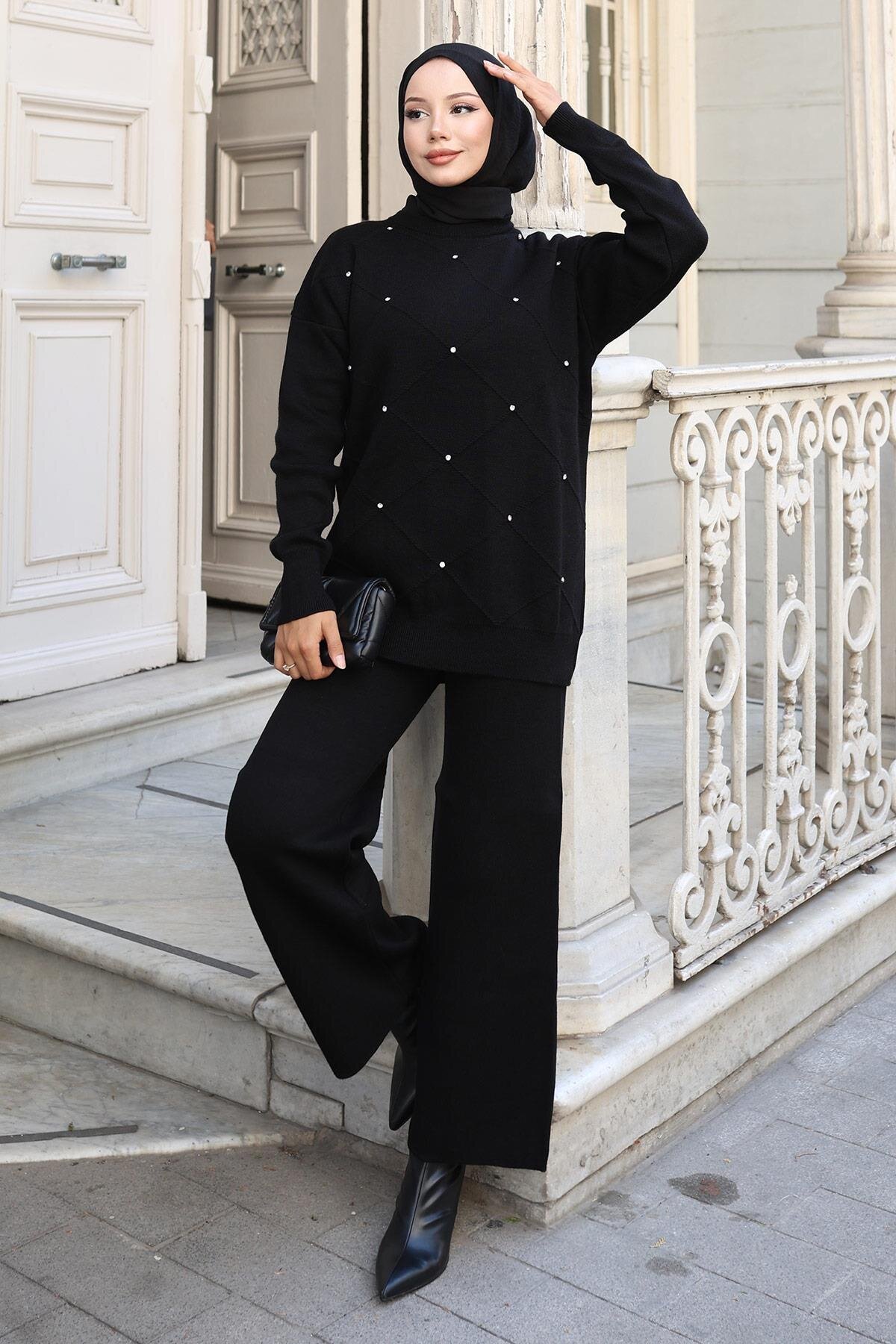 Two-piece Knitted Stone Detailed Modest Set - Black - Modamihram