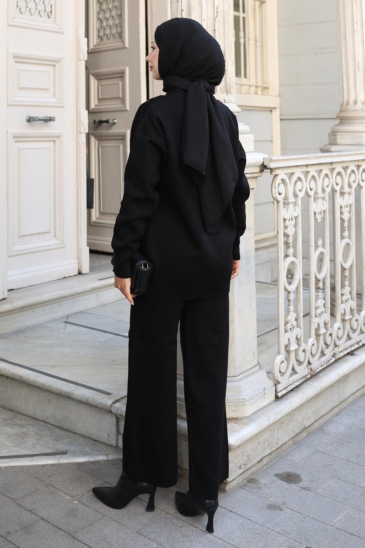 Two-piece Knitted Stone Detailed Modest Set - Black - Modamihram