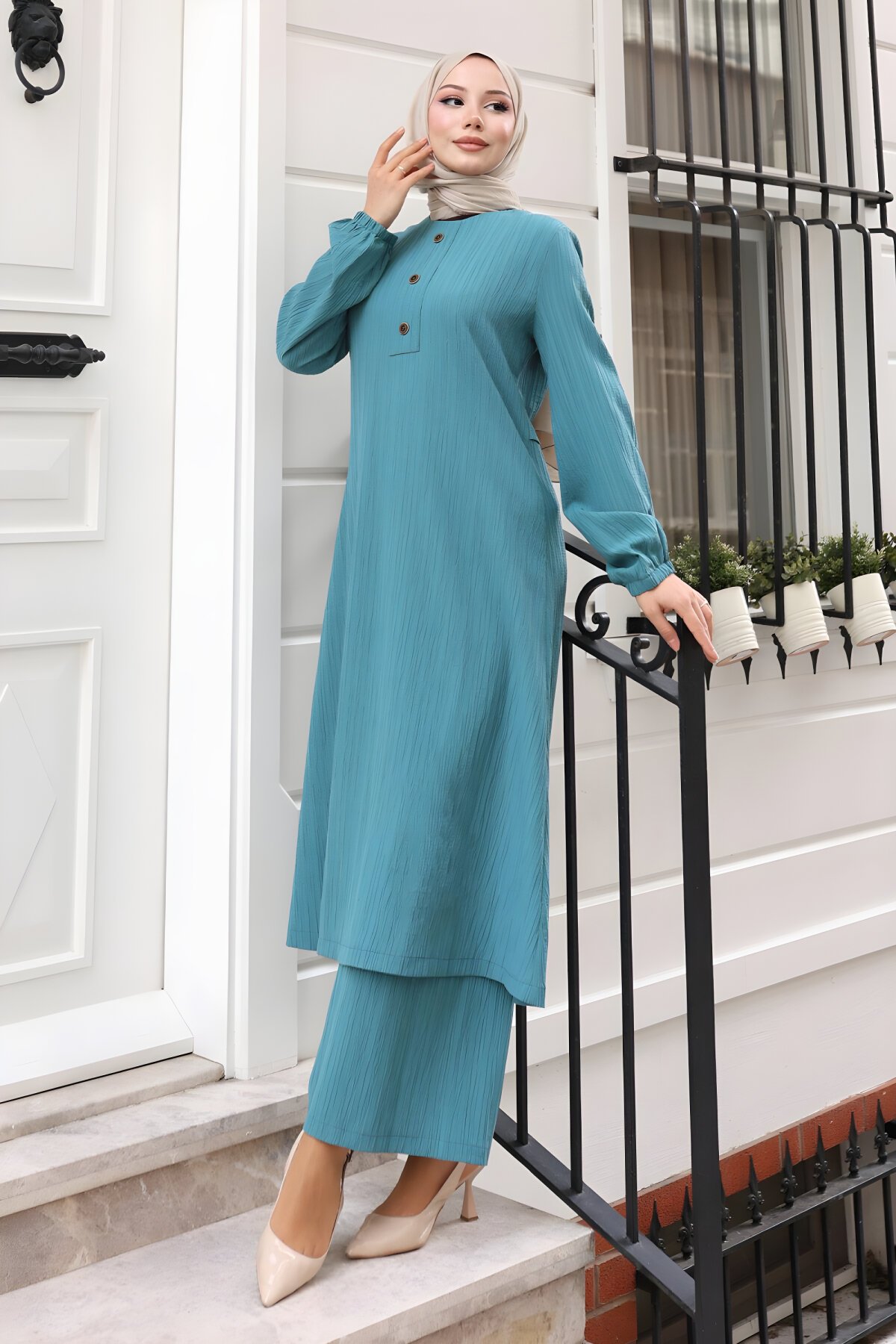 Turkuaz İkili Tesettür Düğmeli Takım - Modamihram