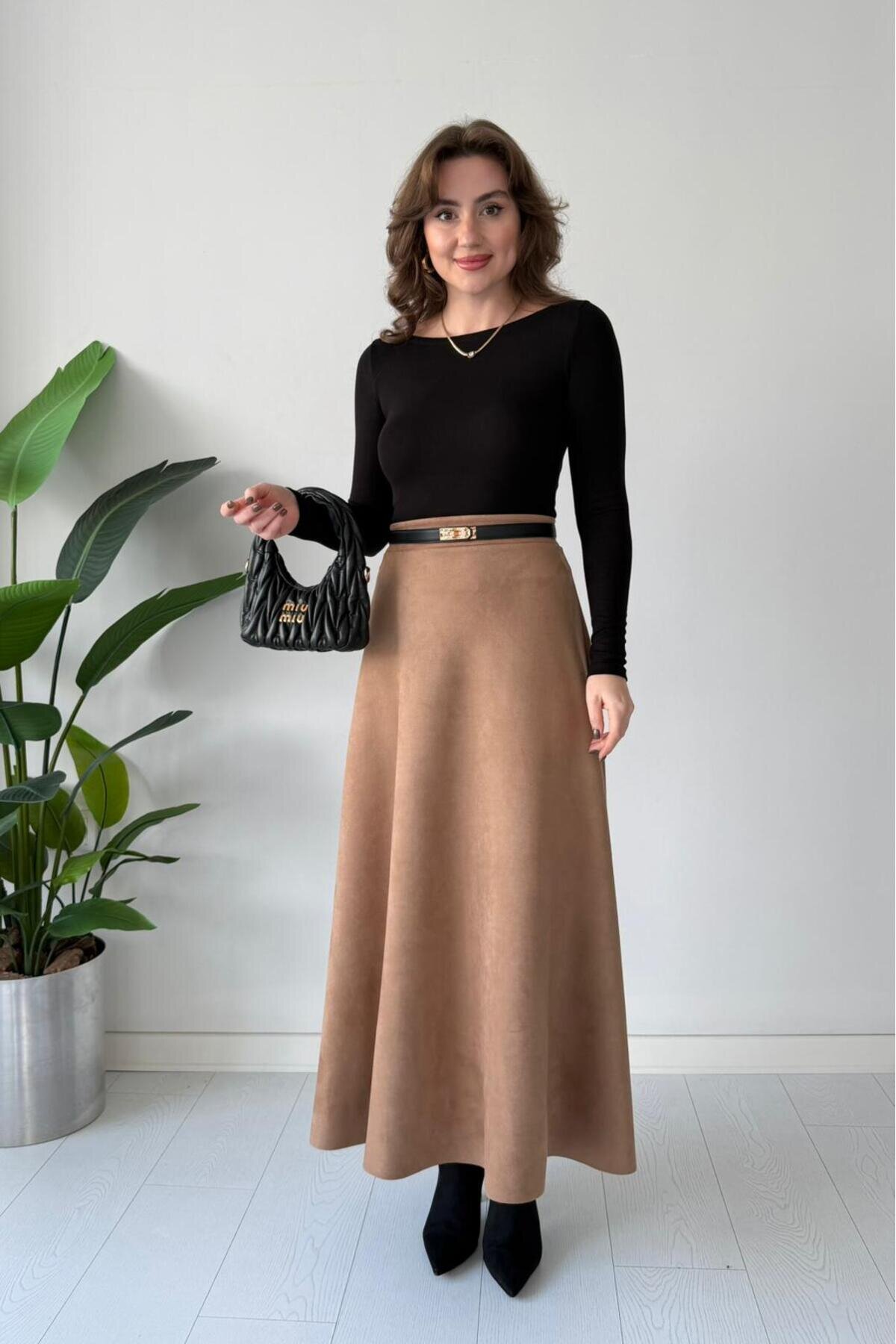 Flared Suede Skirt - Beige - MOZENA