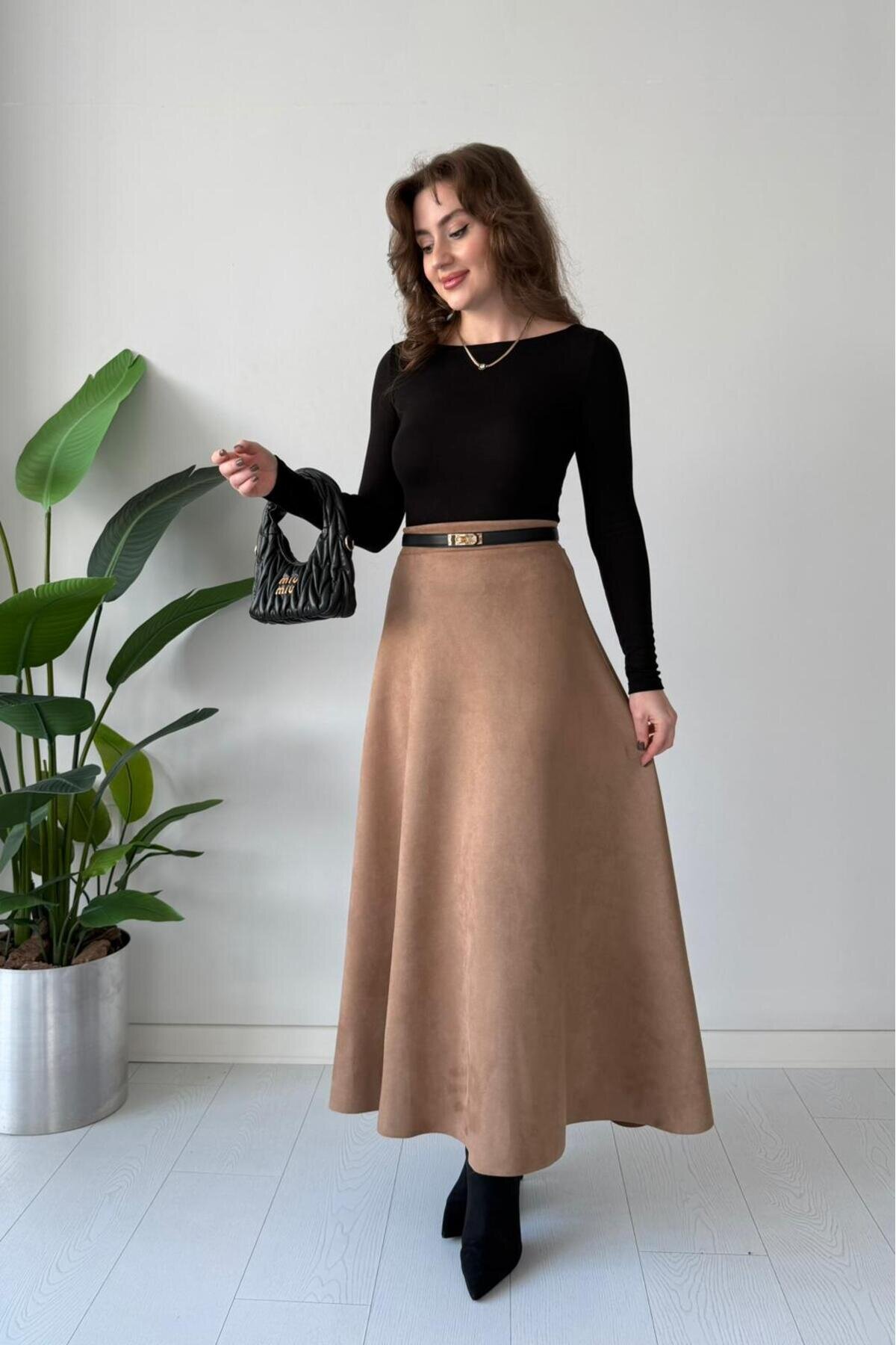 Flared Suede Skirt - Beige - MOZENA