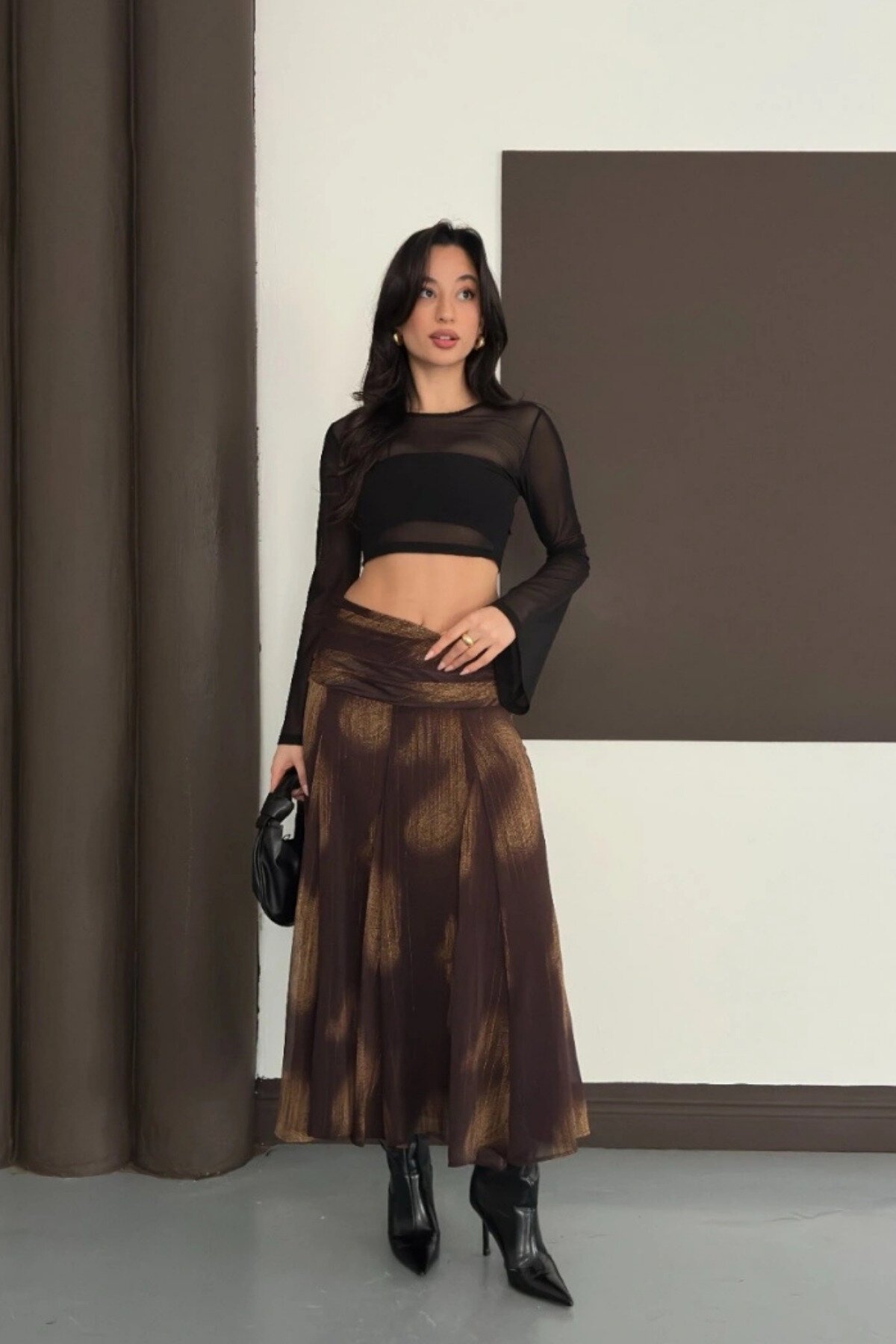 Draped Patterned Chiffon Lined Skirt - Brown - MOZENA