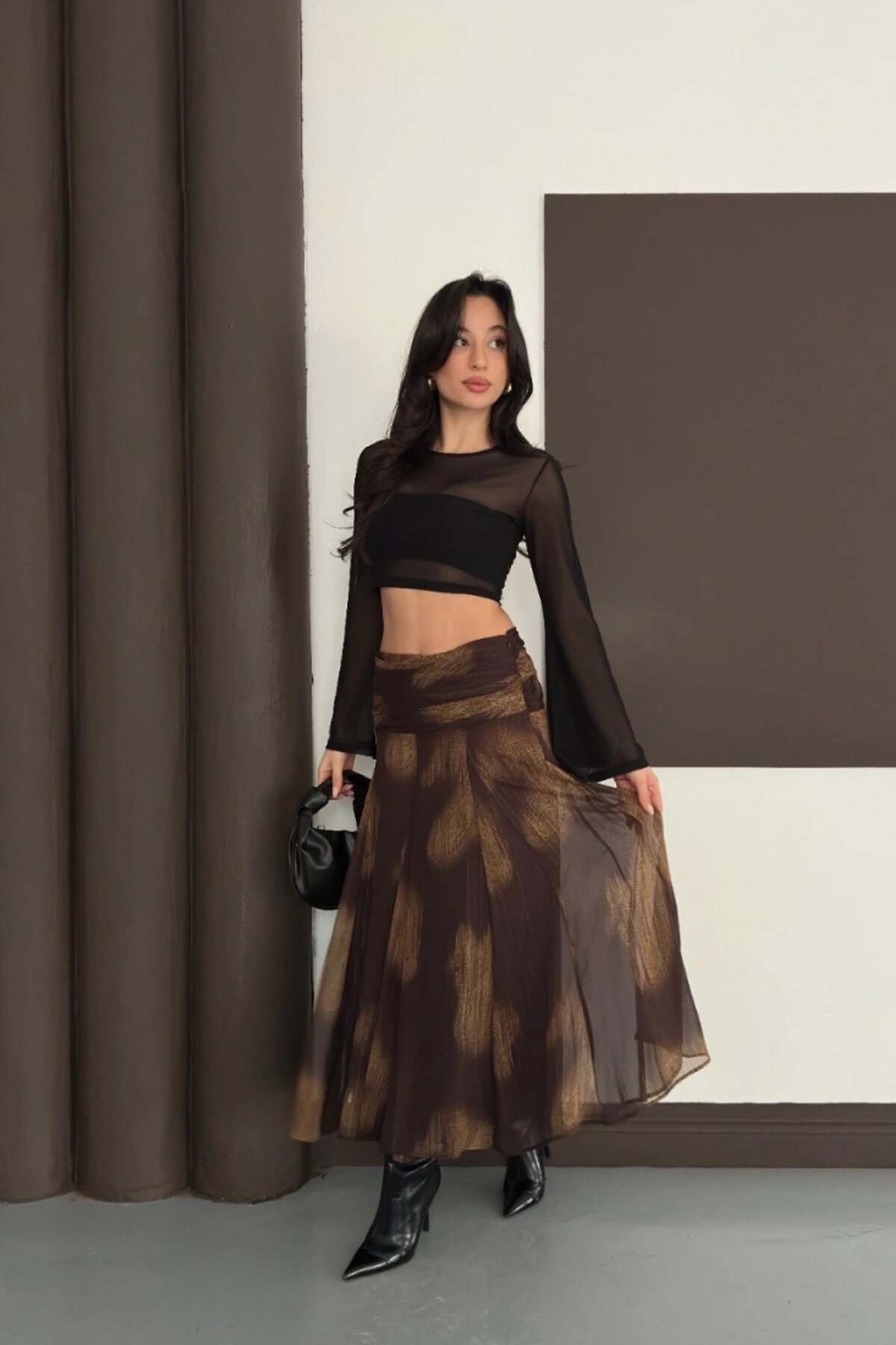 Draped Patterned Chiffon Lined Skirt - Brown - MOZENA
