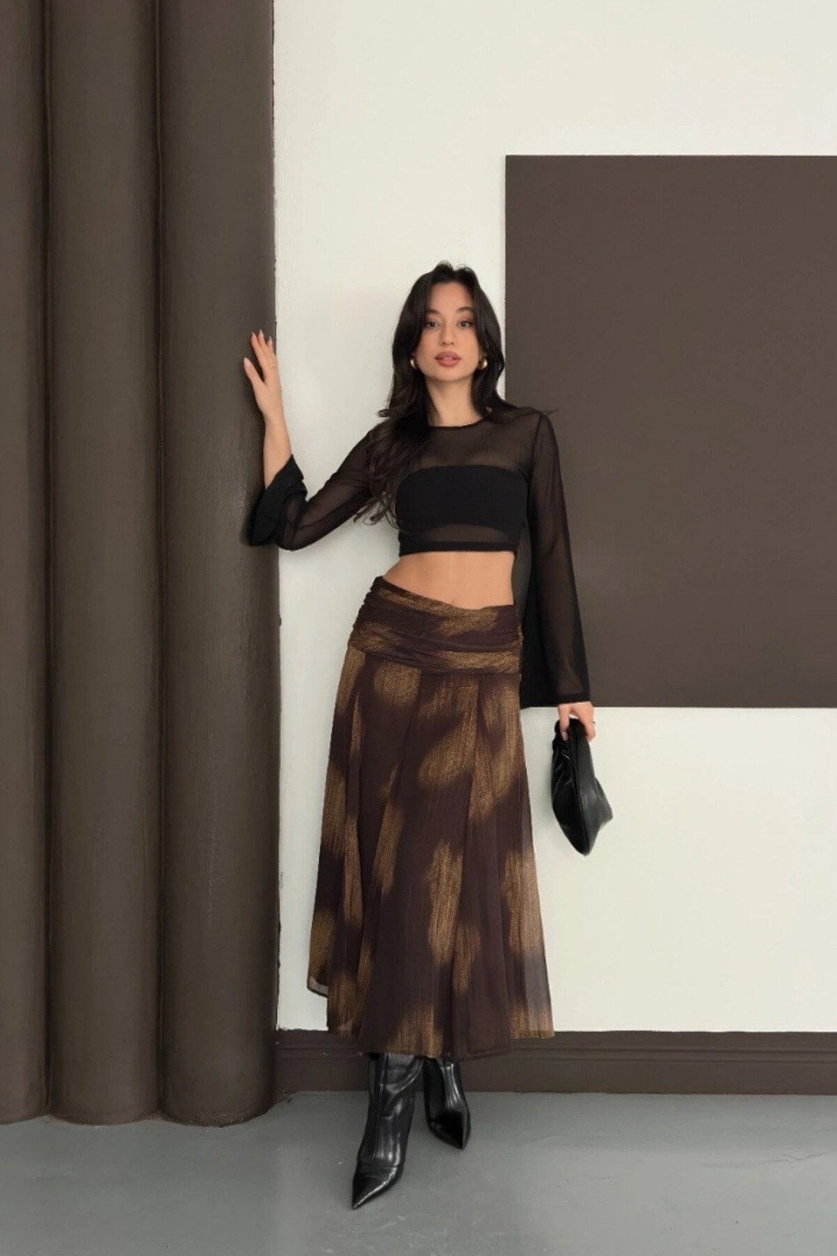 Draped Patterned Chiffon Lined Skirt - Brown - MOZENA