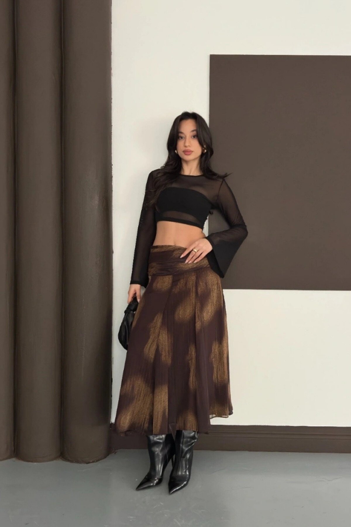 Draped Patterned Chiffon Lined Skirt - Brown - MOZENA