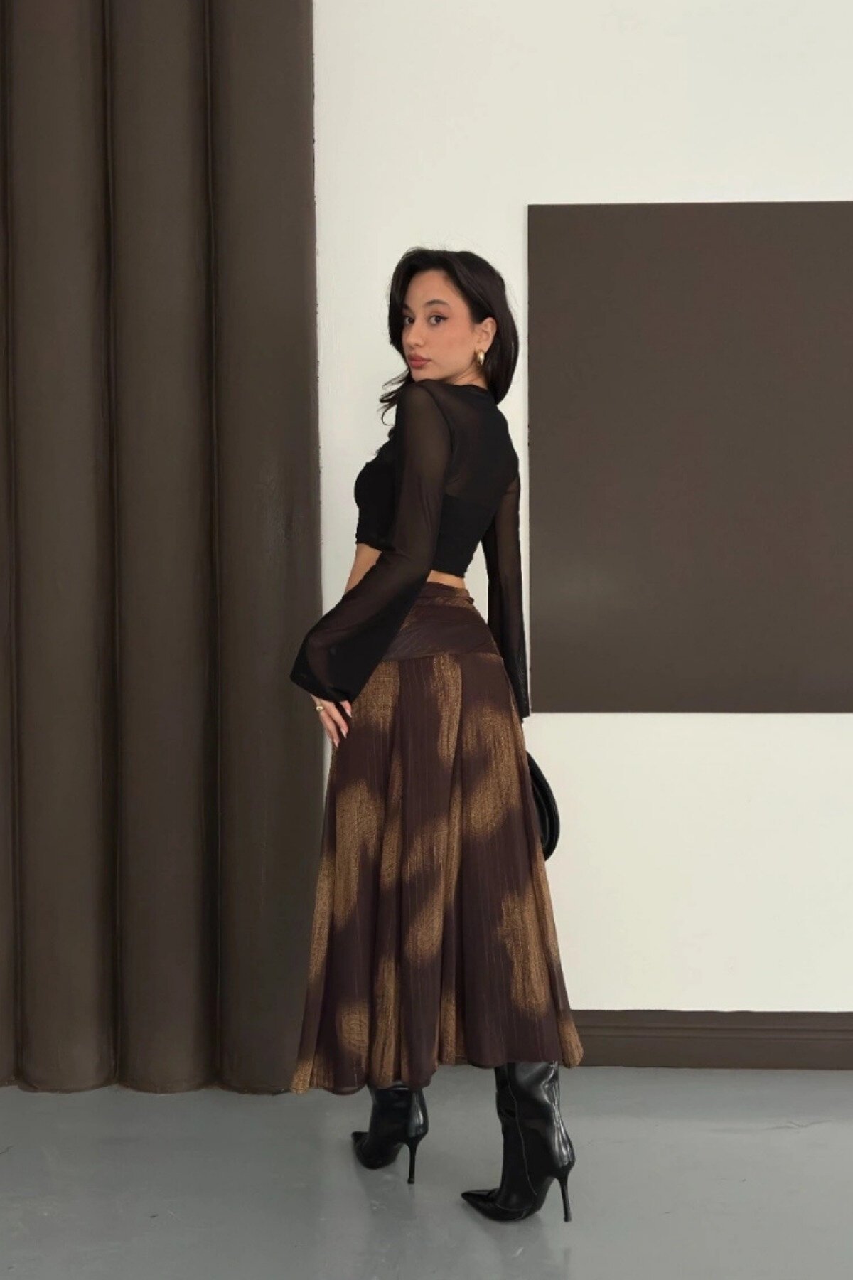 Draped Patterned Chiffon Lined Skirt - Brown - MOZENA