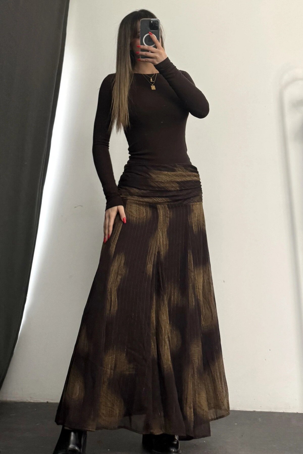 Patterned Chiffon Waist Draped Skirt - Brown - MOZENA
