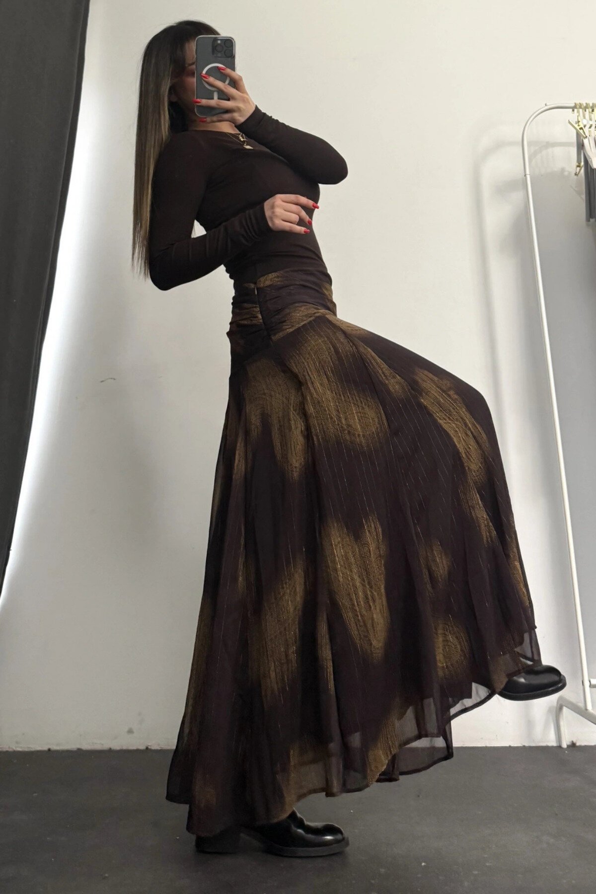 Patterned Chiffon Waist Draped Skirt - Brown - MOZENA
