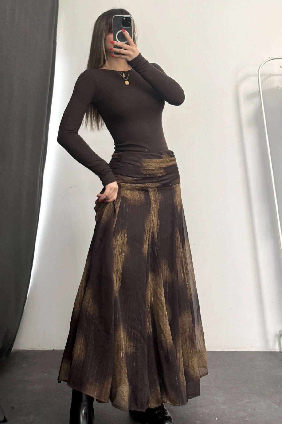 Patterned Chiffon Waist Draped Skirt - Brown - MOZENA
