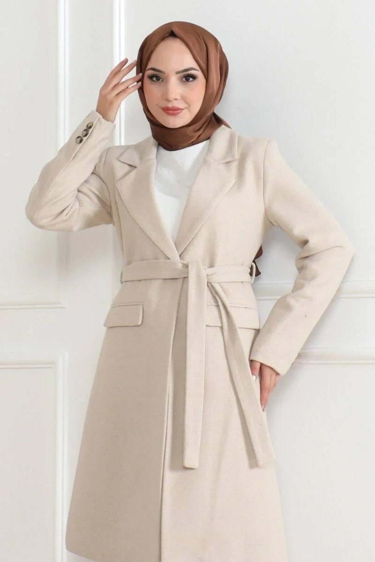 Long Wool-Blend Double-Breasted Belted Winter Coat - Beige - RAWEA FASHİON
