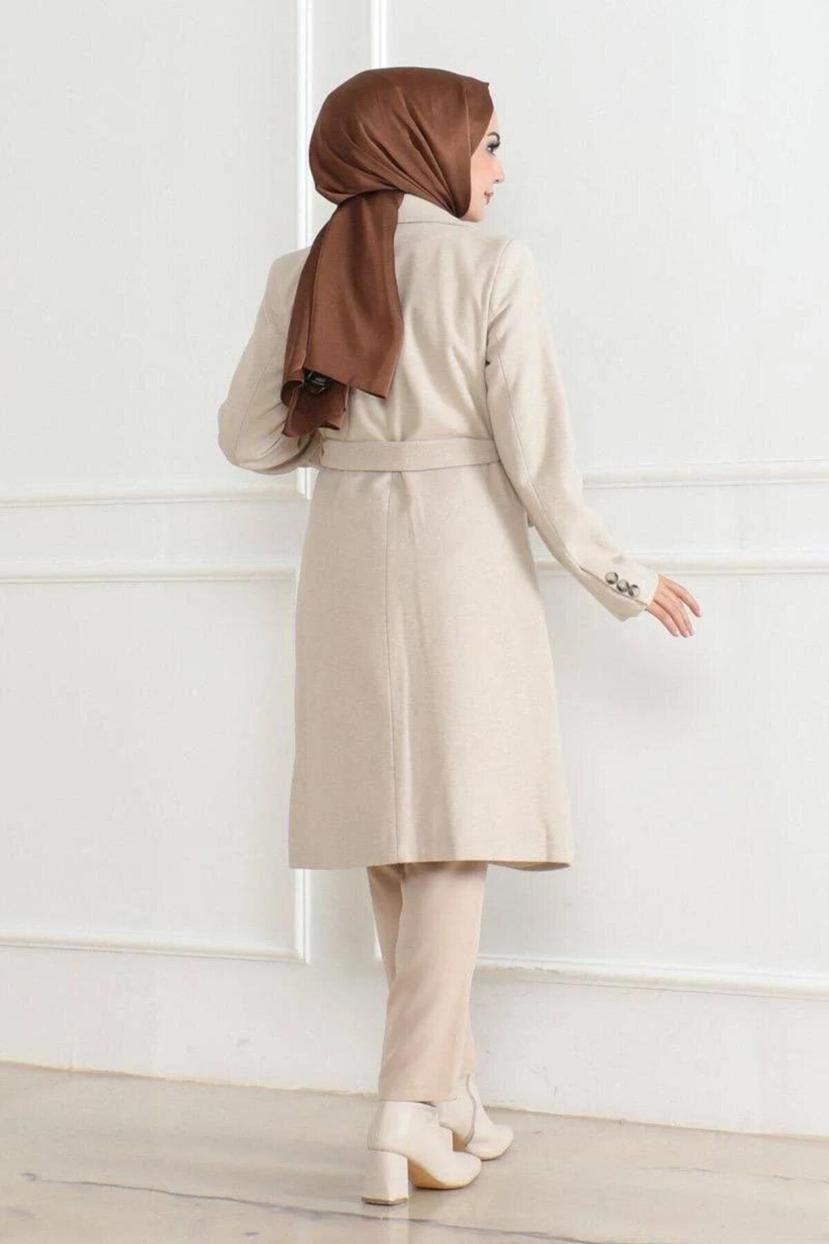 Long Wool-Blend Double-Breasted Belted Winter Coat - Beige - RAWEA FASHİON