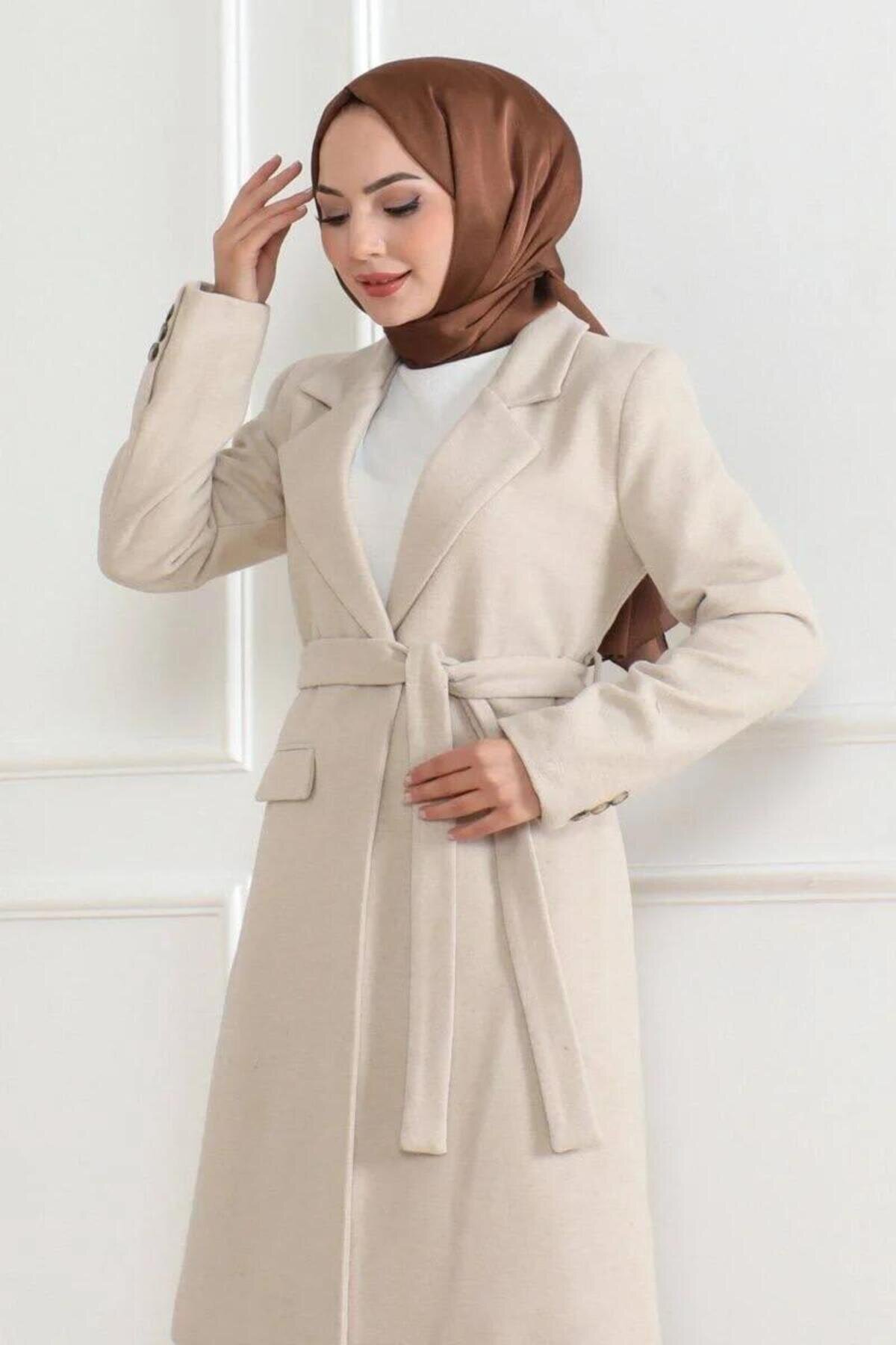 Long Wool-Blend Double-Breasted Belted Winter Coat - Beige - RAWEA FASHİON