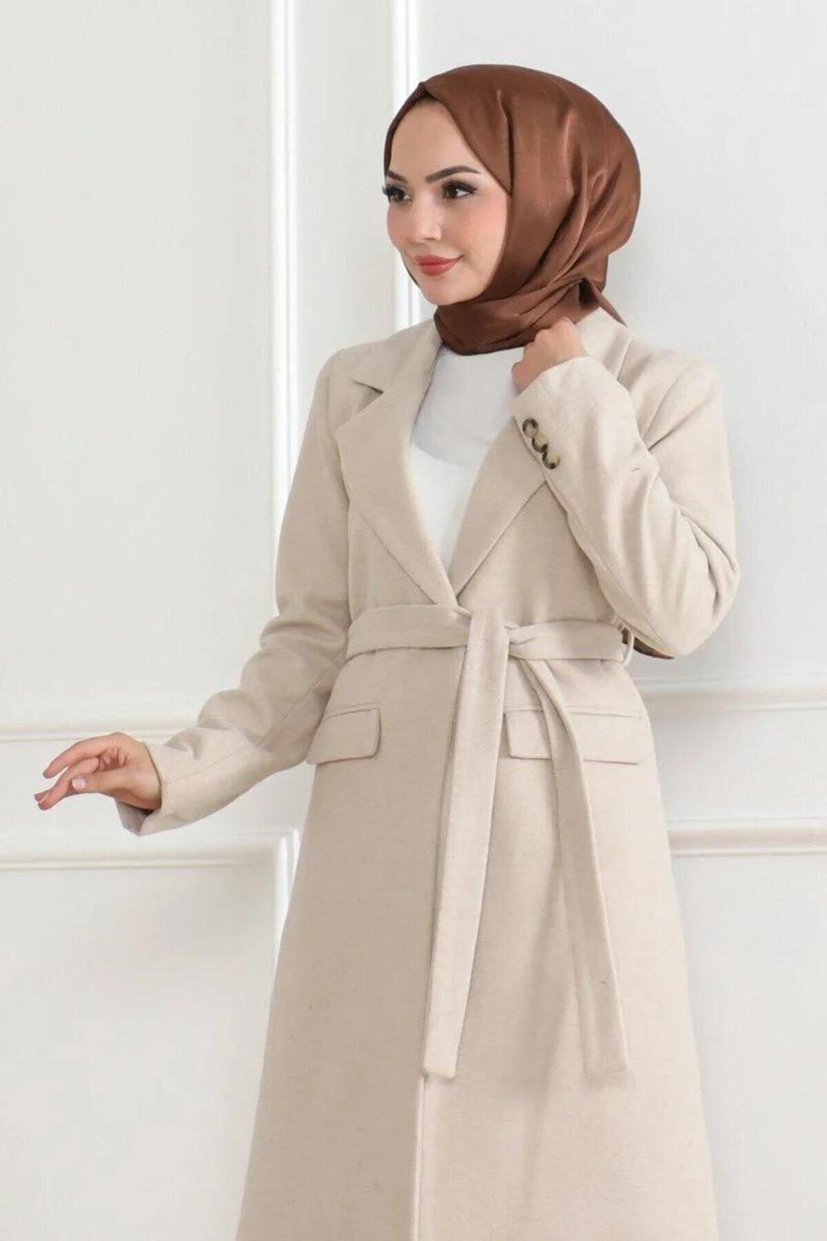 Long Wool-Blend Double-Breasted Belted Winter Coat - Beige - RAWEA FASHİON
