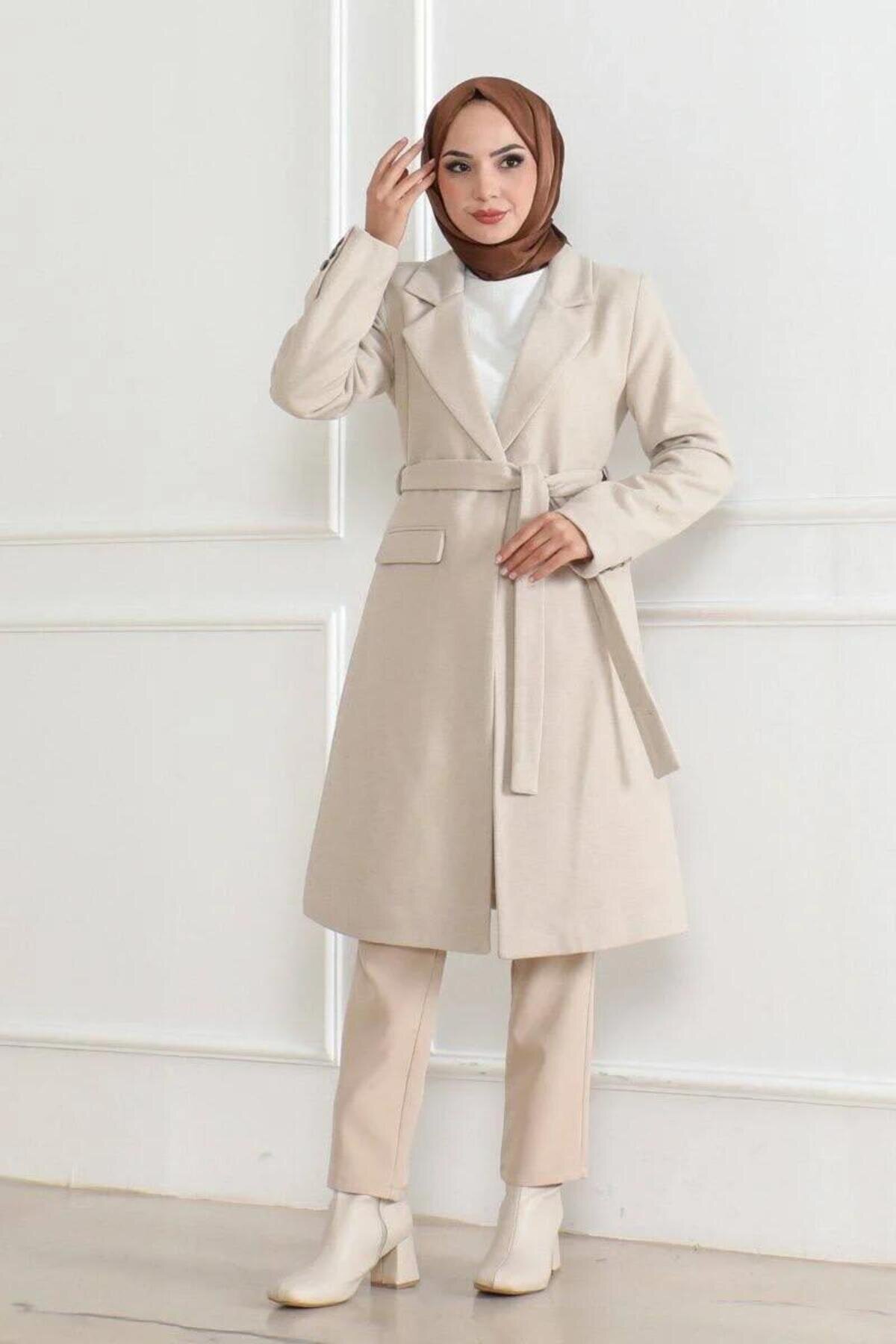Long Wool-Blend Double-Breasted Belted Winter Coat - Beige - RAWEA FASHİON
