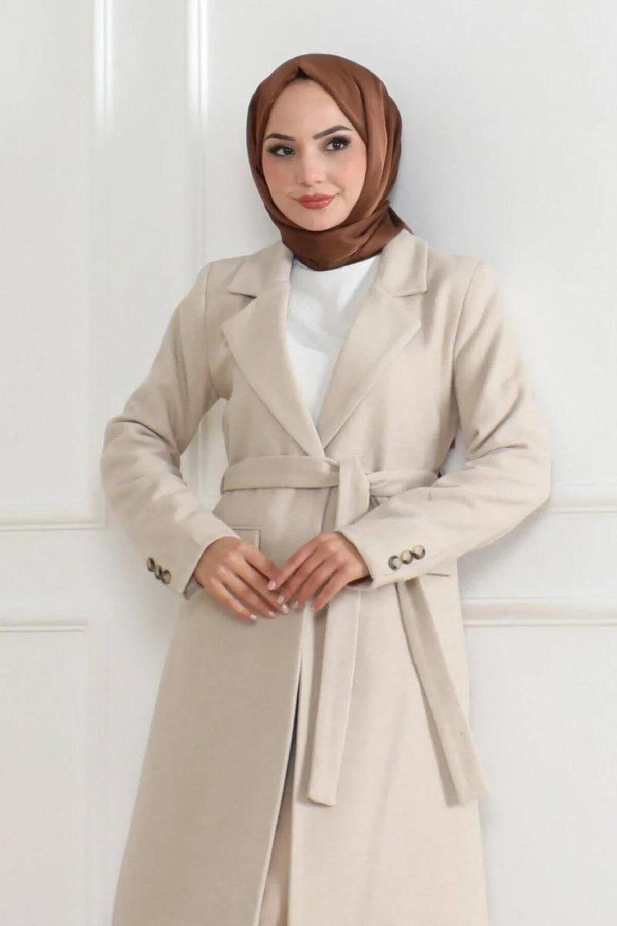 Long Wool-Blend Double-Breasted Belted Winter Coat - Beige - RAWEA FASHİON