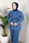 Açık Mavi Denim İkili Taş Detaylı Kuşaklı Tesettür Takım