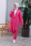 Fuşya Kimono İkili Bağlama Detaylı Tesettür Takım