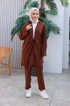 Kahverengi İkili Kimono Bağlama Detaylı Tesettür Takım