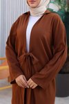 Kahverengi İkili Kimono Bağlama Detaylı Tesettür Takım